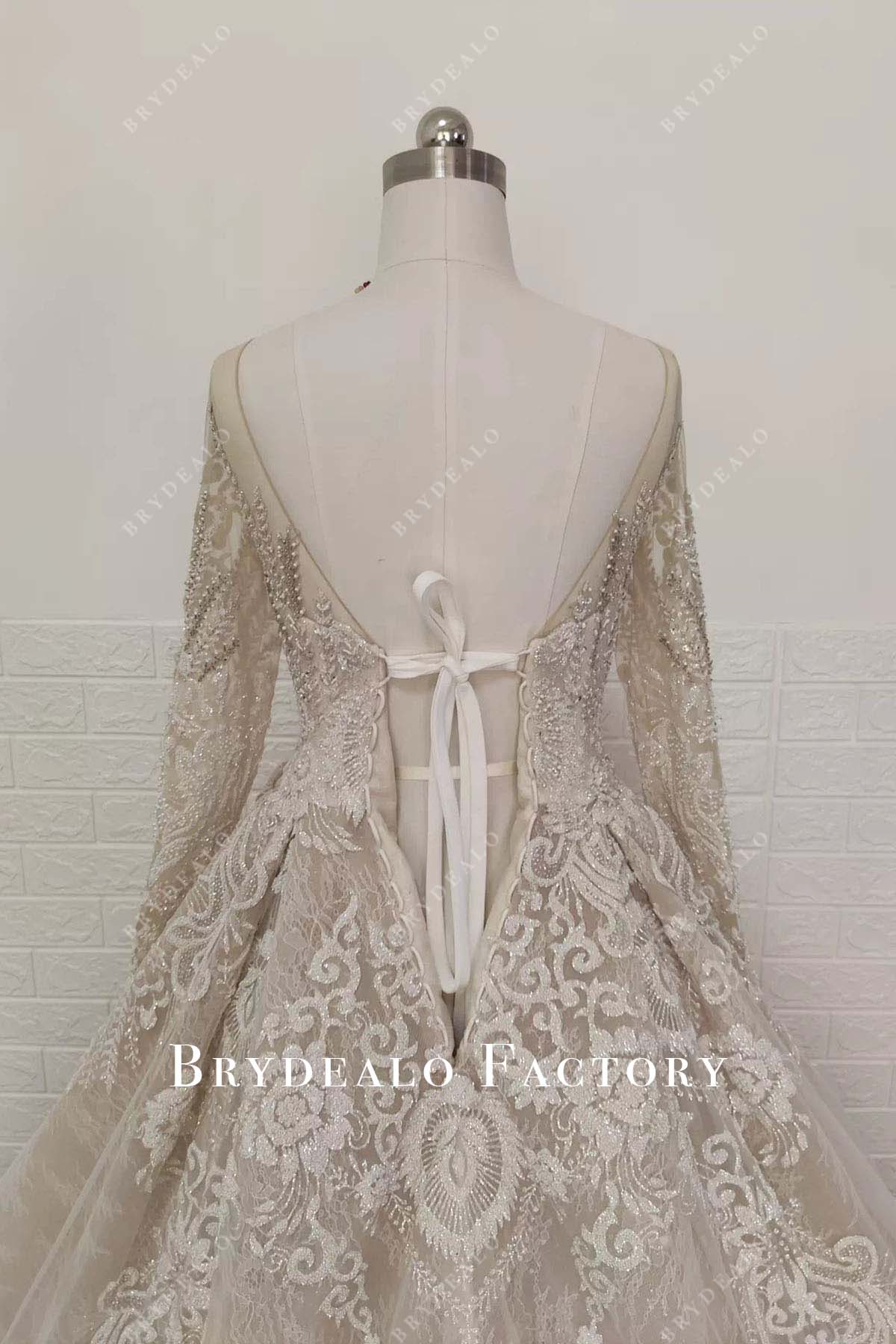 beaded beige lace up v back wedding dress