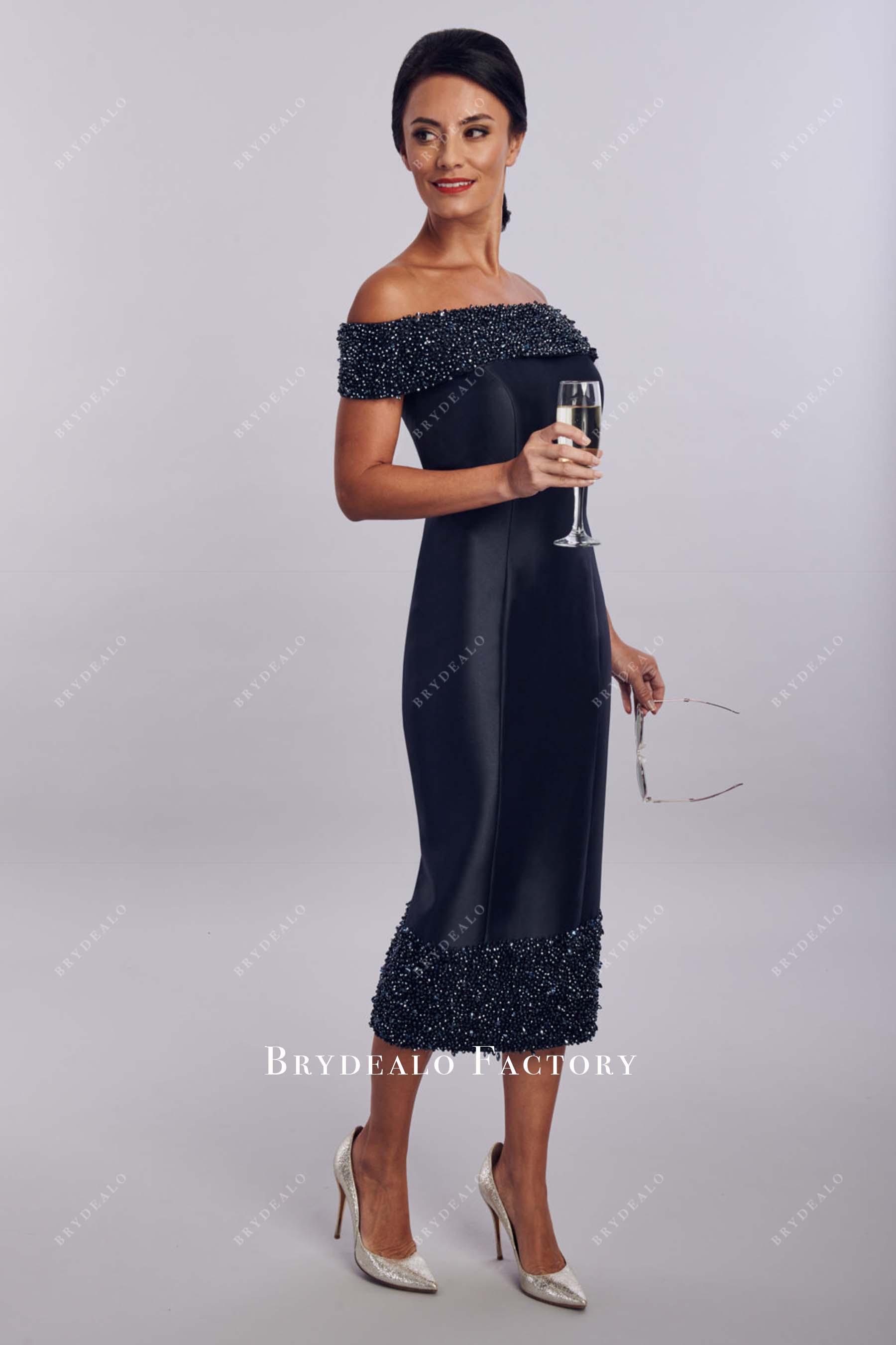 beaded dark navy off shoulder mother of bride dress