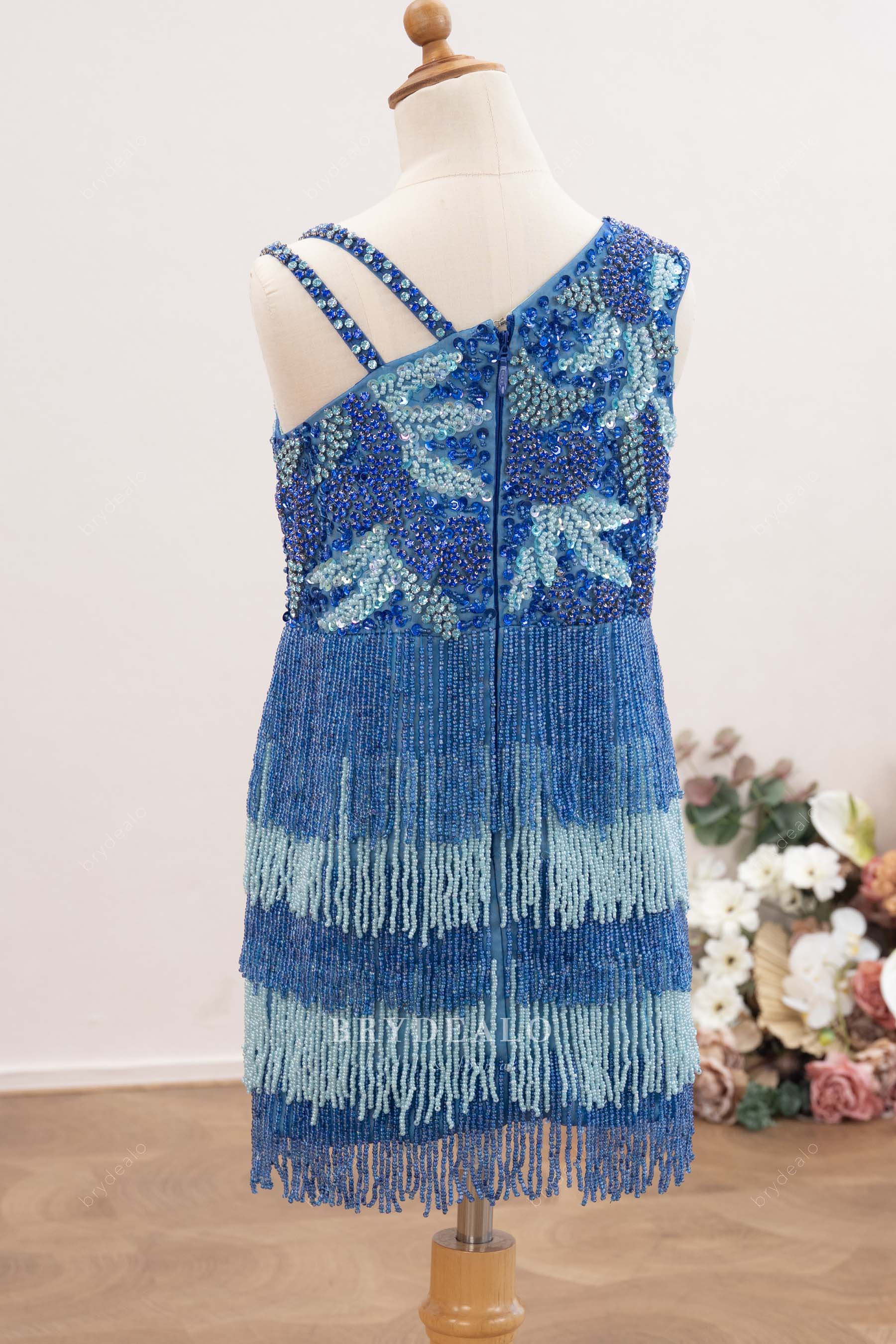 beaded double straps short kids pageant dress