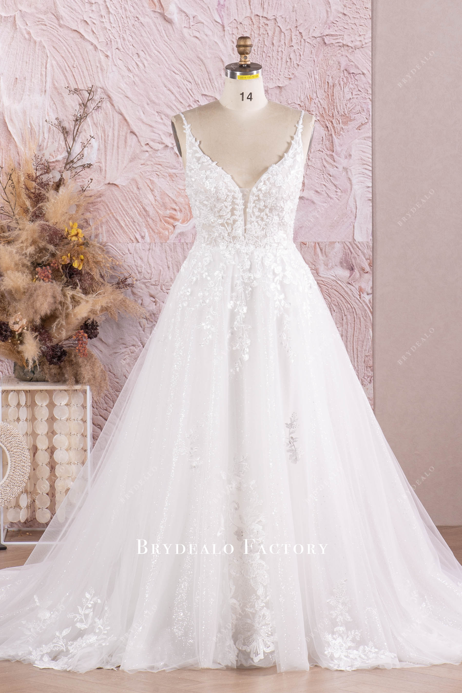 beaded flower lace Aline wedding dress
