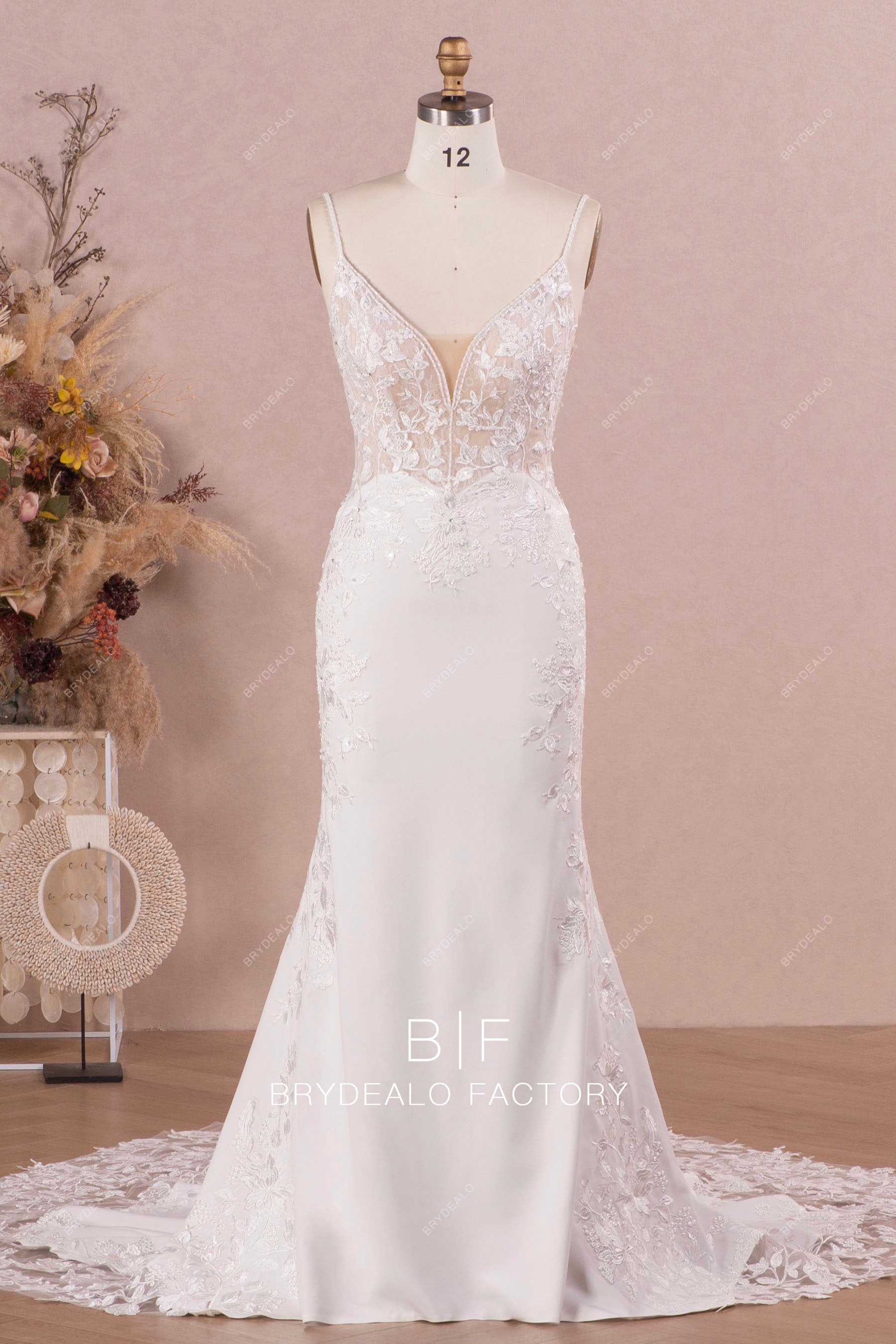 beaded flower lace crepe mermaid wedding dress