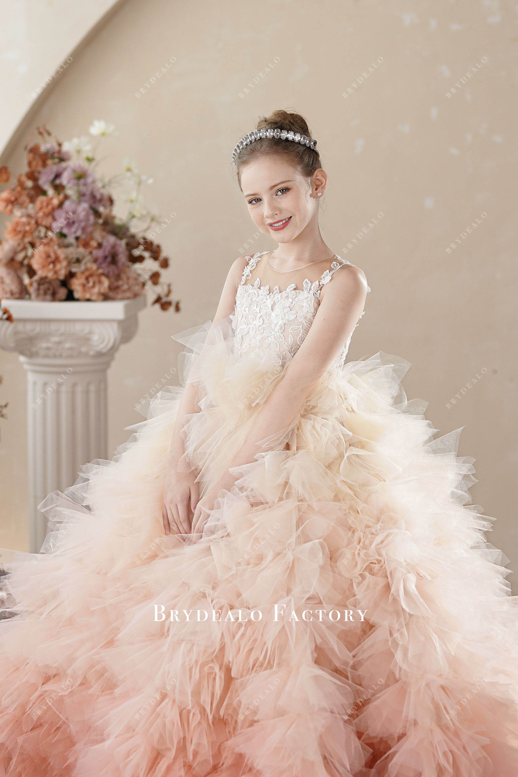 beaded flower lace layered flower girl dress