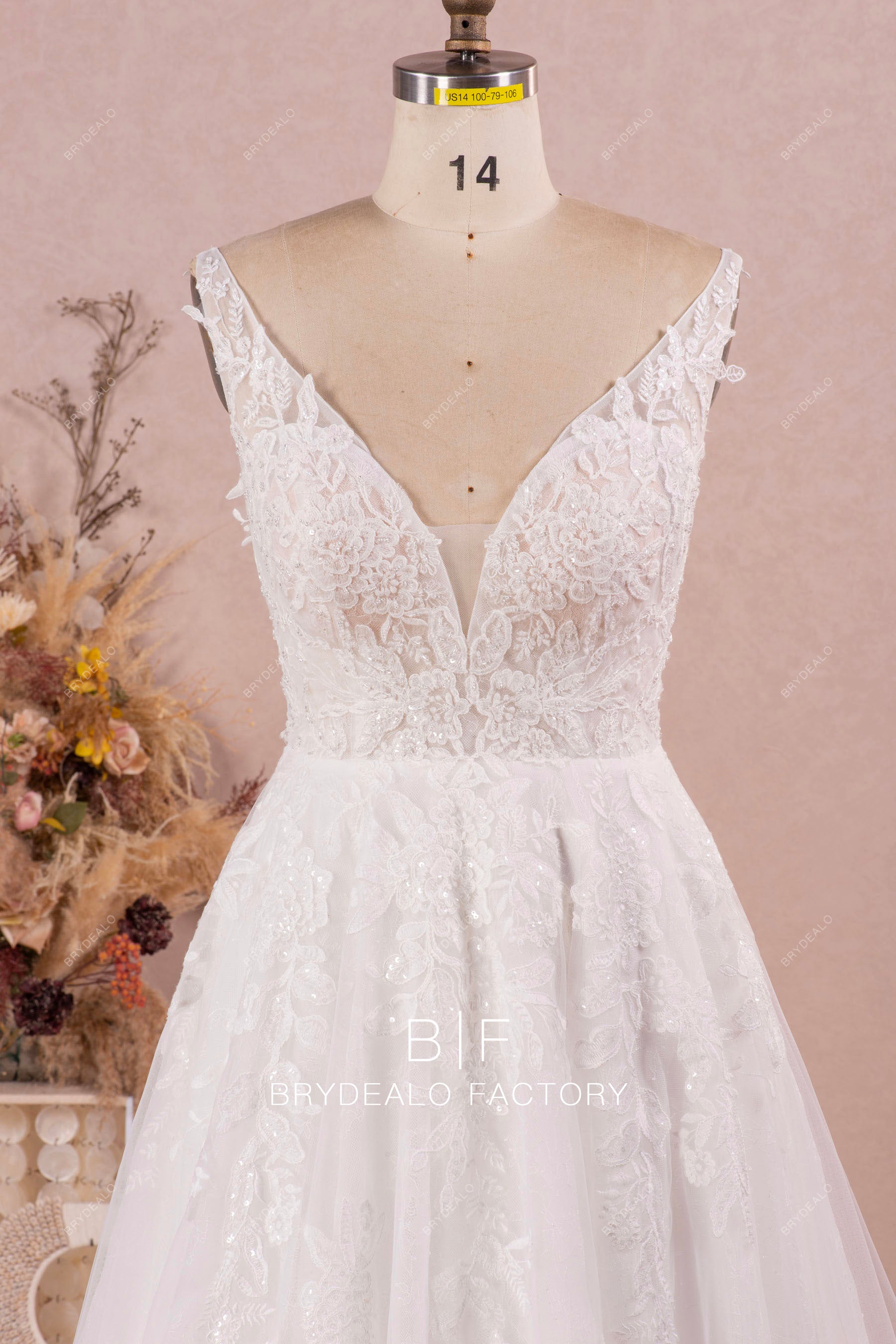 beaded flower lace plunging wedding dress