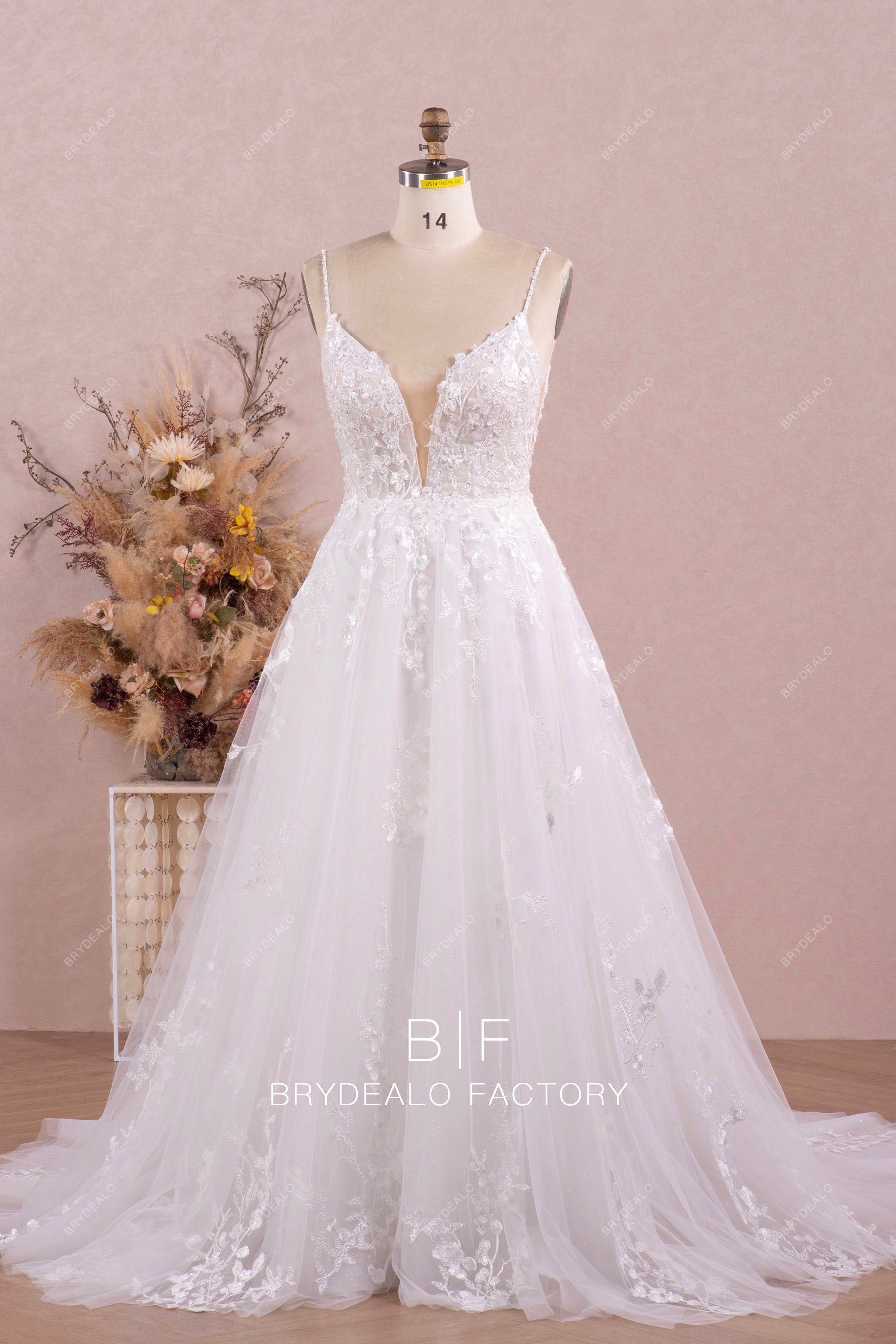 beaded flower lace plunging wedding dress