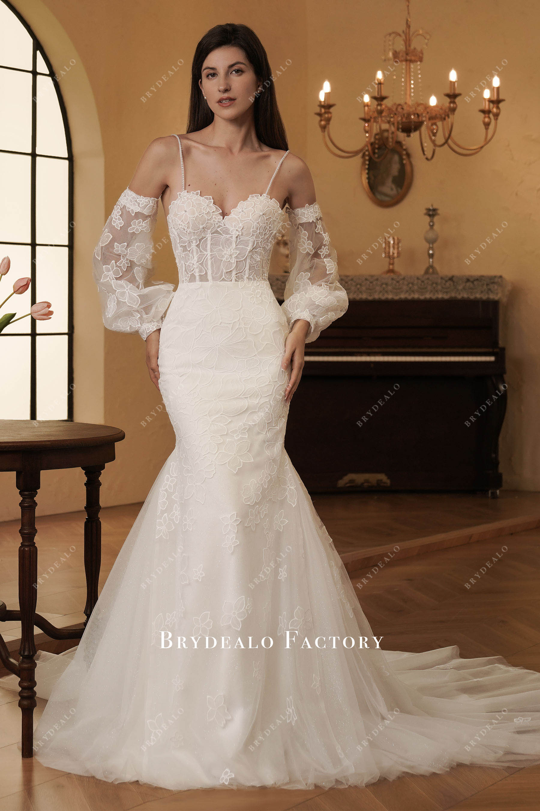 beaded flower lace sleeved mermaid wedding dress