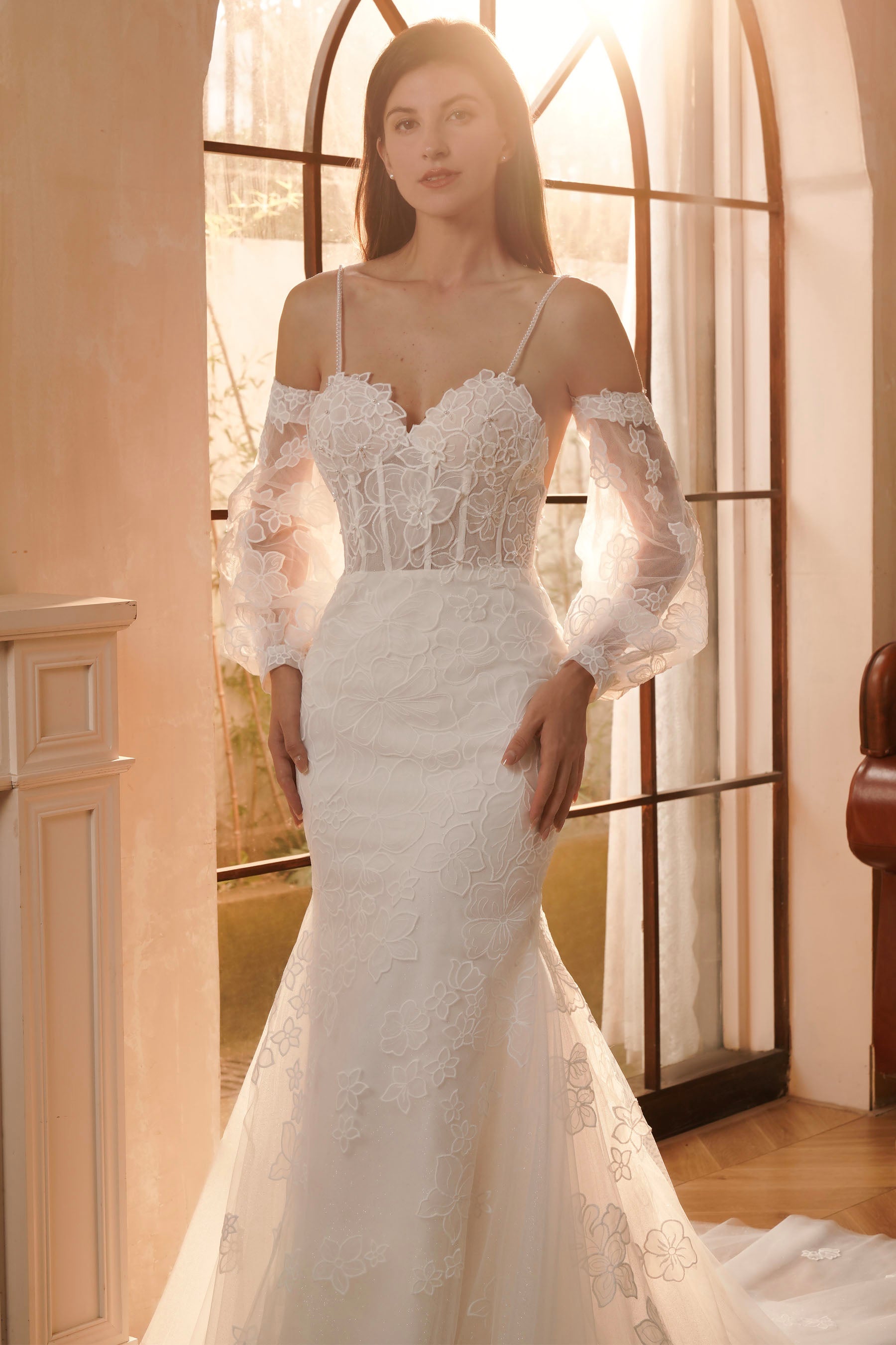 beaded flower lace sleeved wedding dress