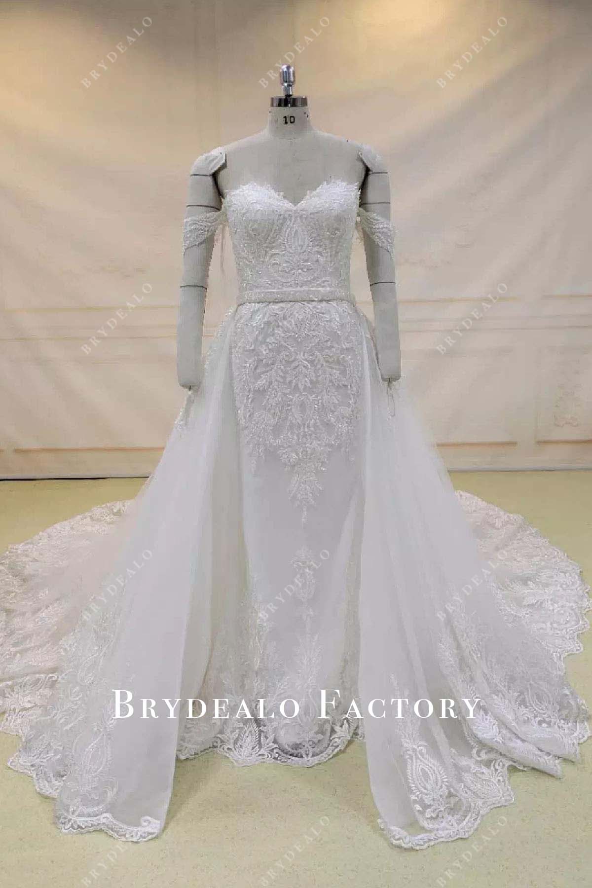beaded lace off shoulder overskirt wedding dress