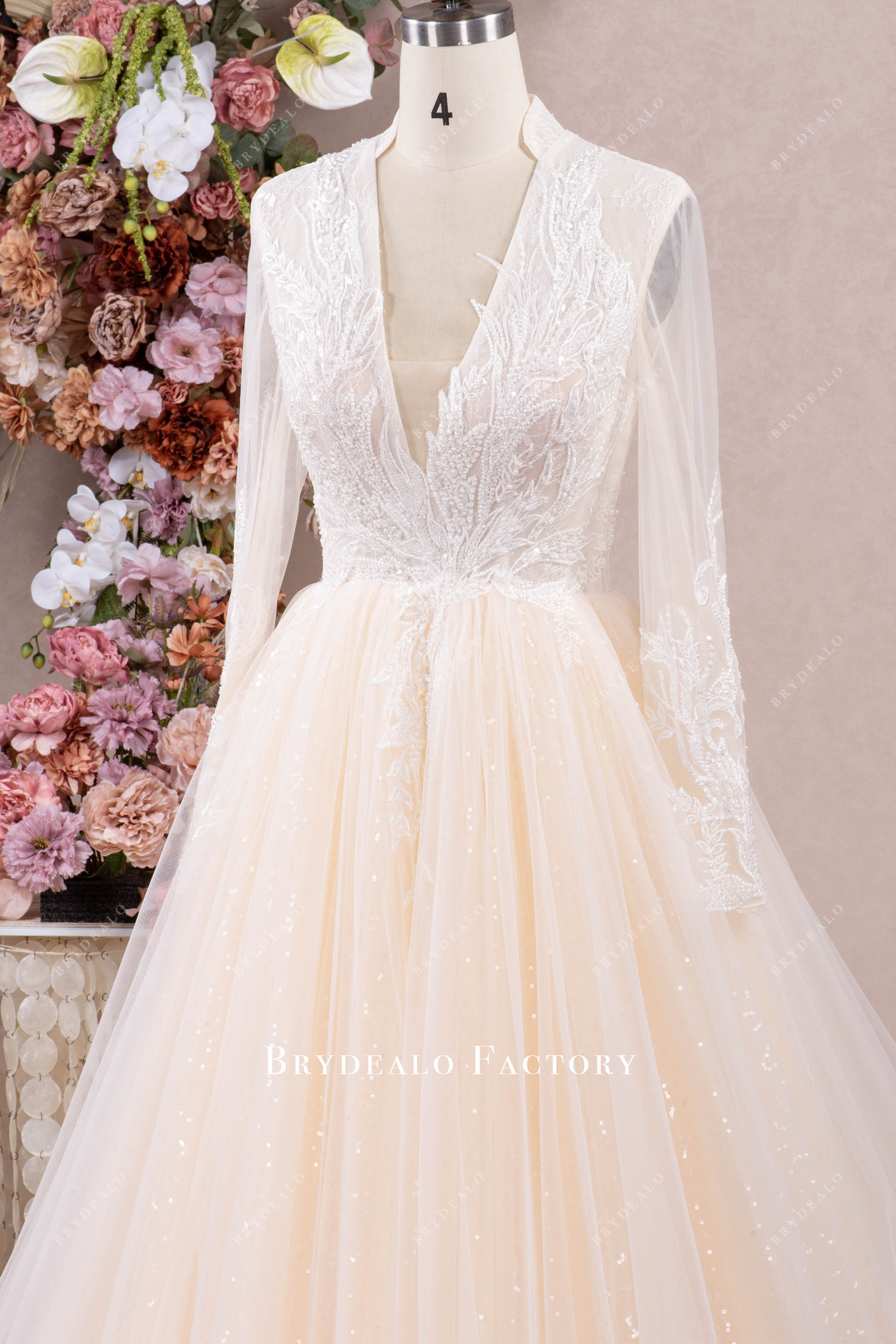 beaded lace plunging wedding dress