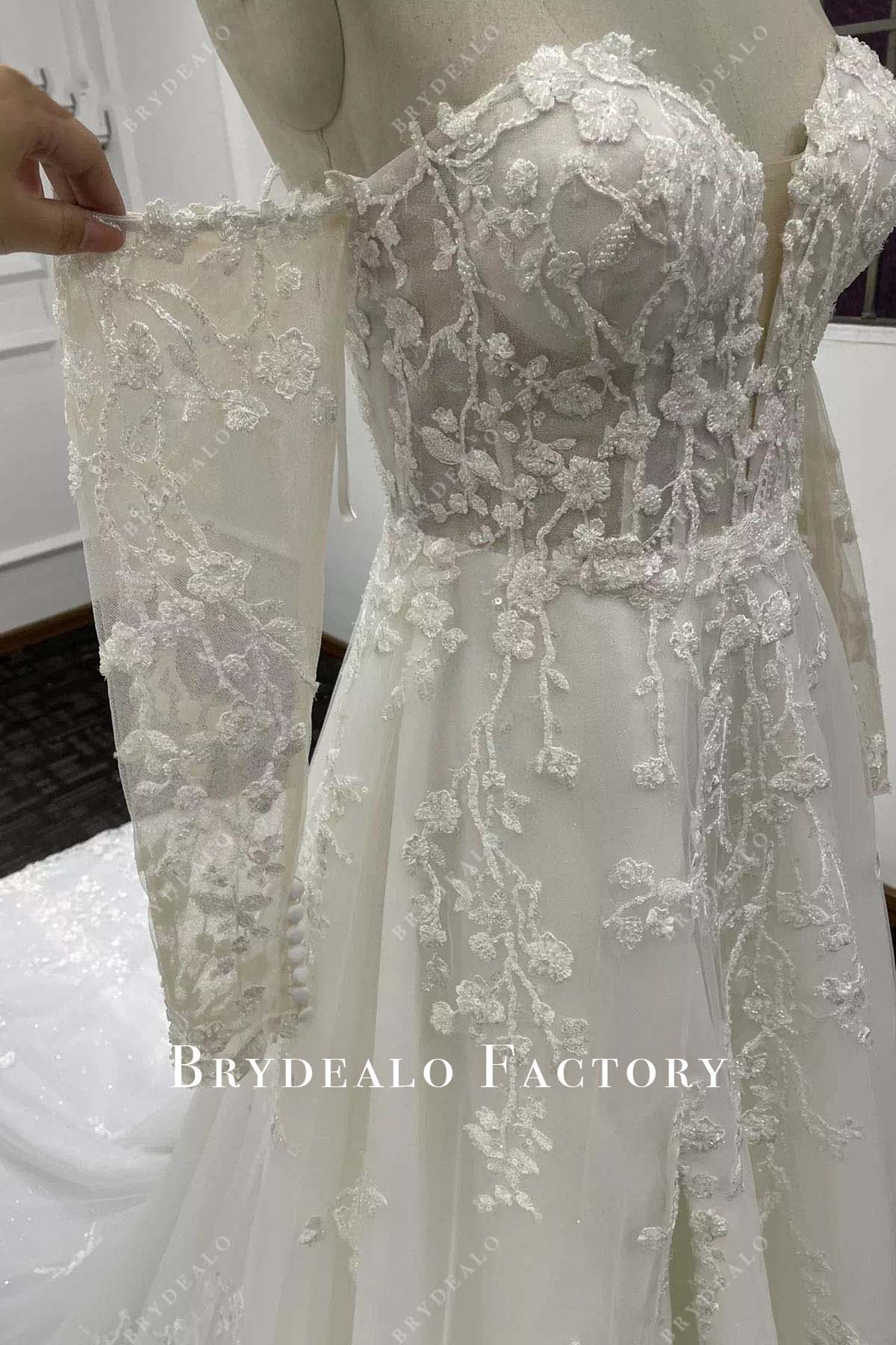 beaded lace sheer sleeves wedding dress