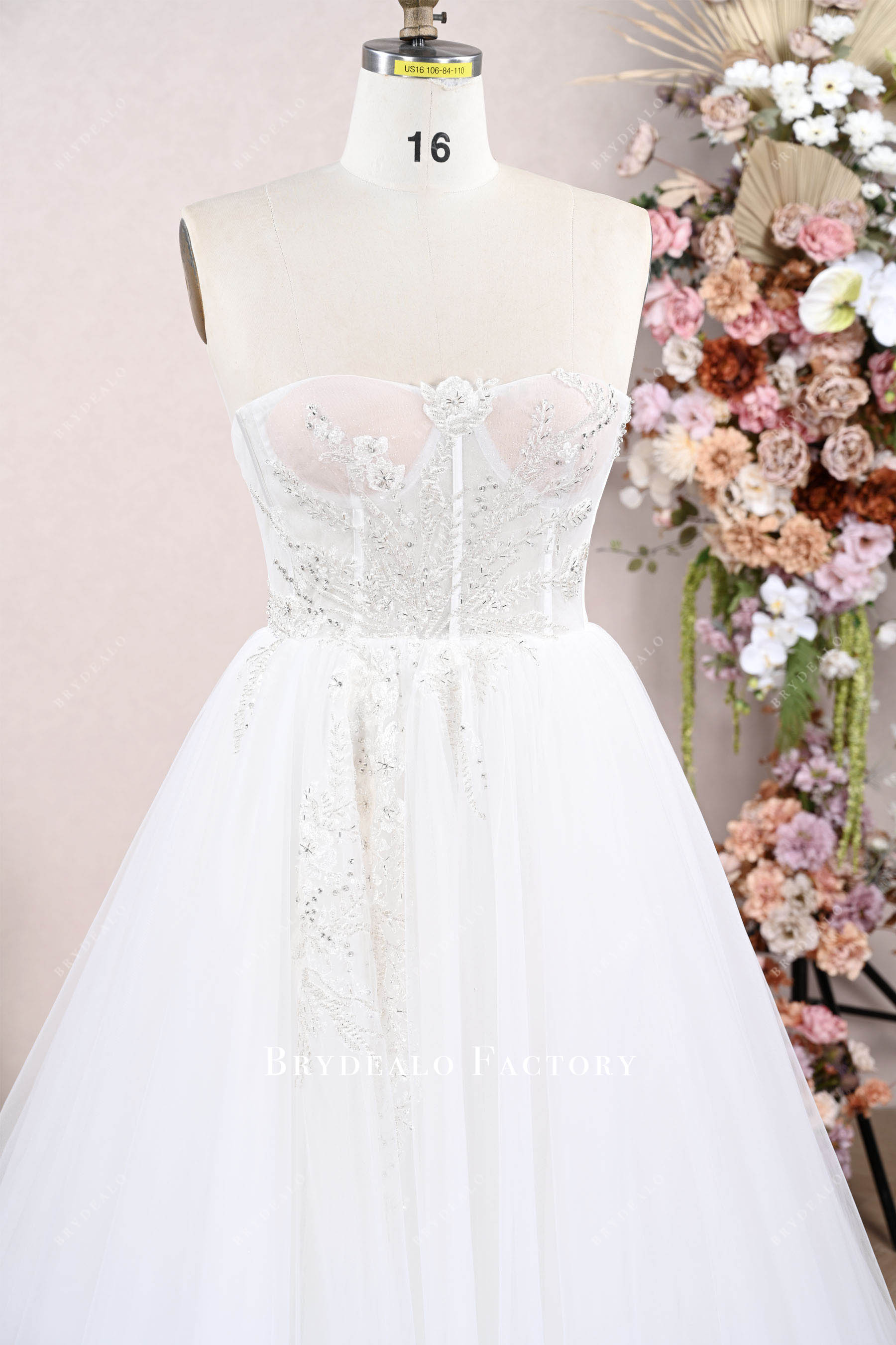 beaded lace strapless corset wedding dress