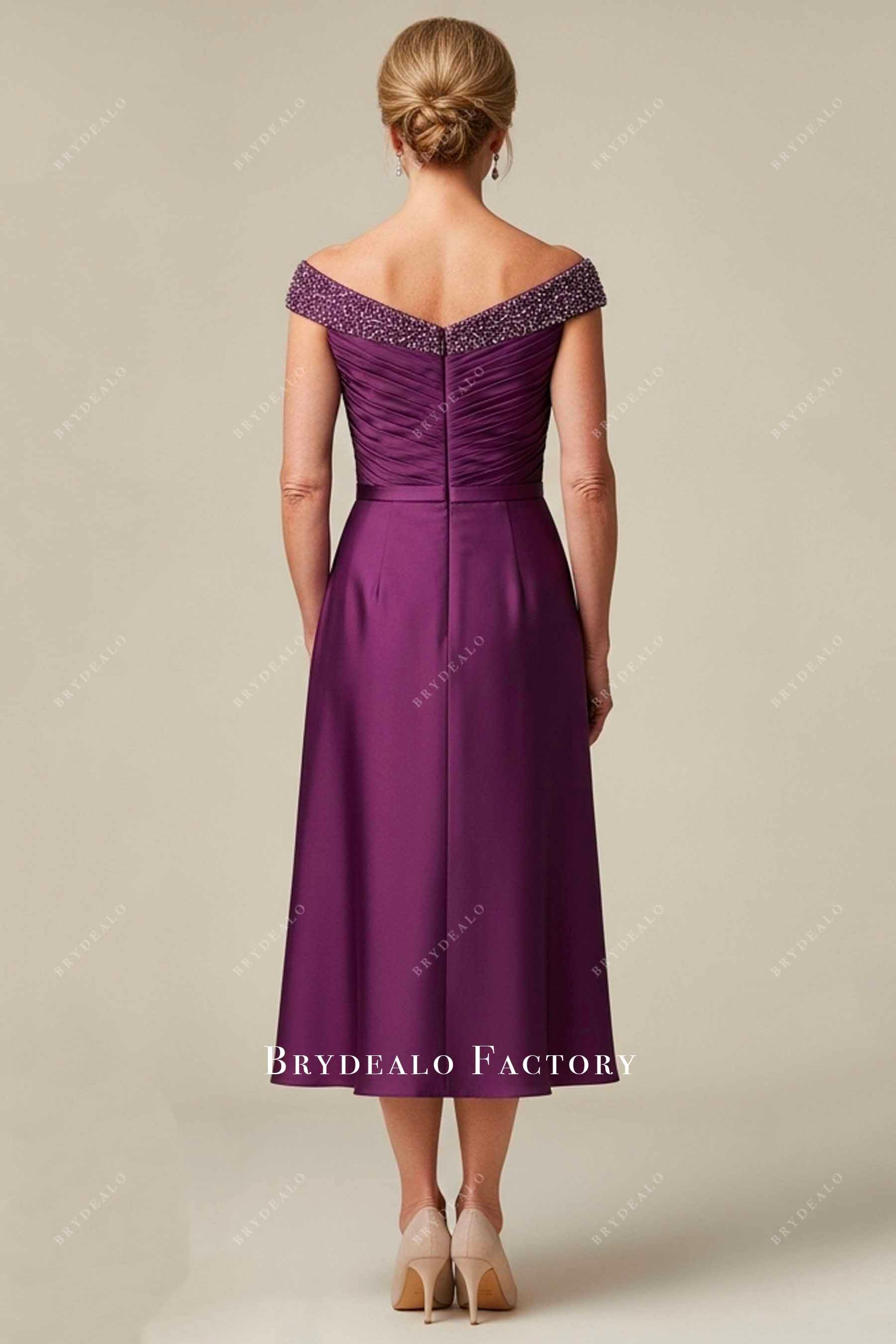 beaded off-shoulder short mother bride dress
