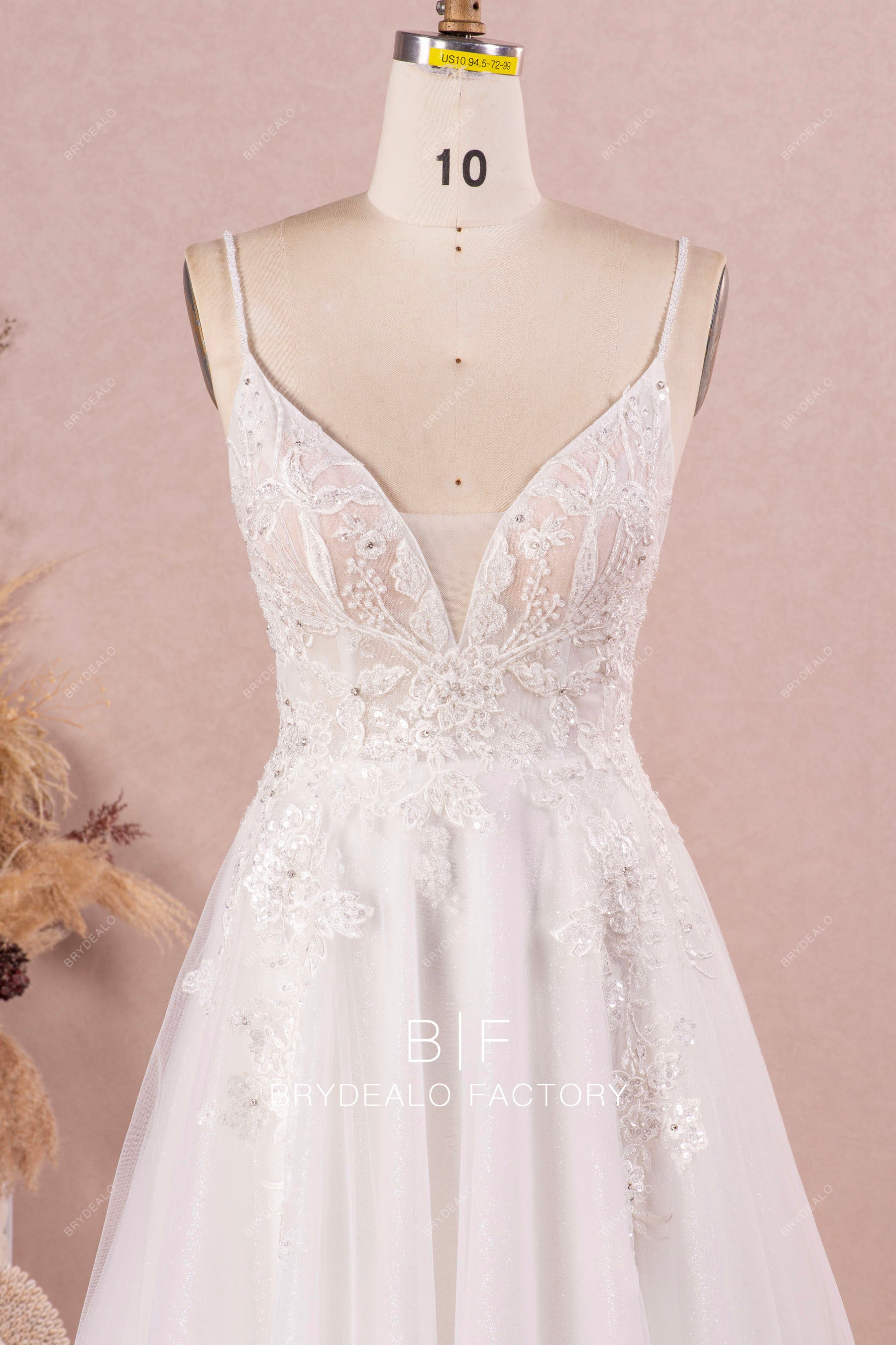 beaded spaghetti straps lace wedding dress