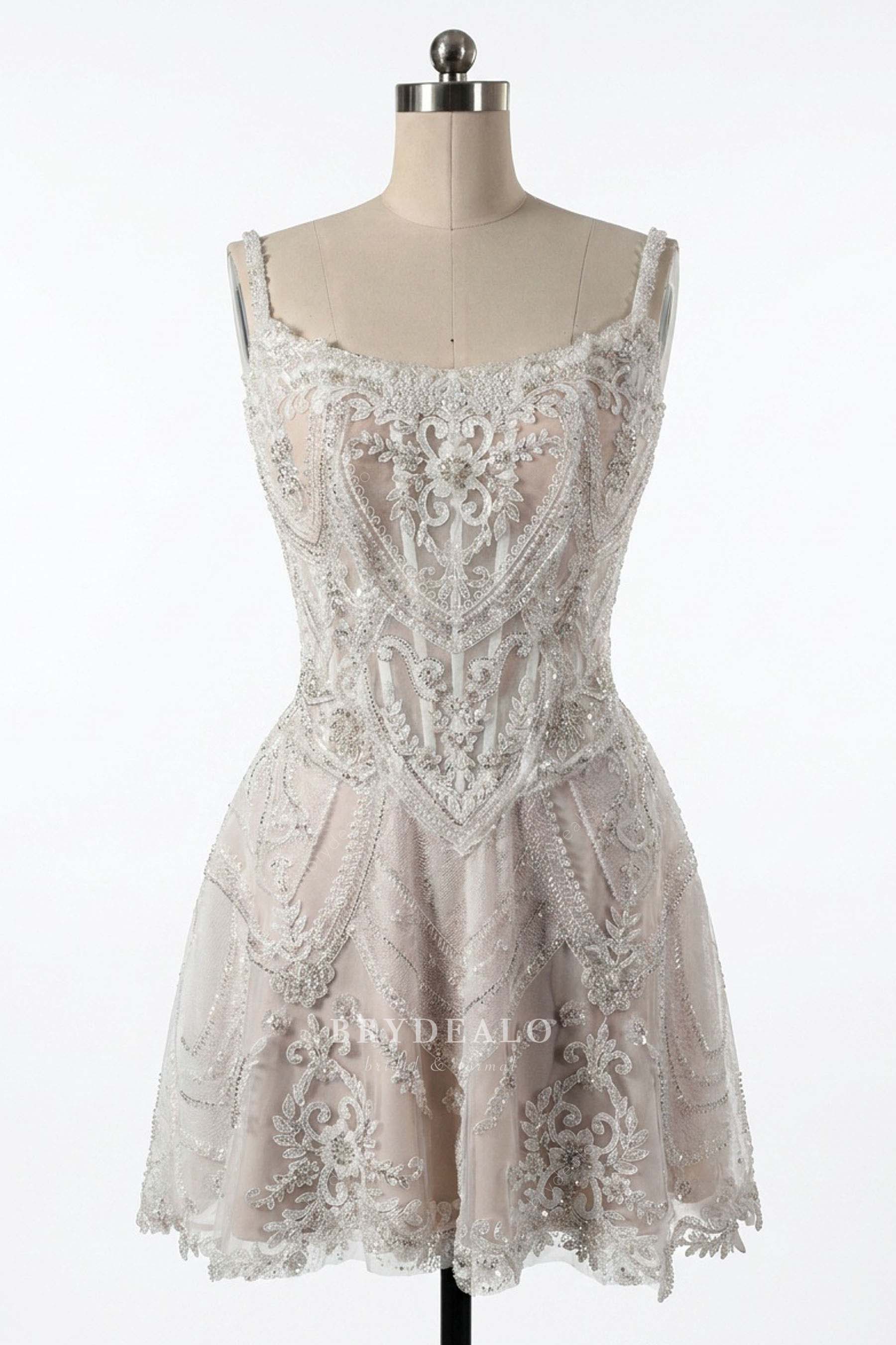 beaded straps above knee length wedding dress