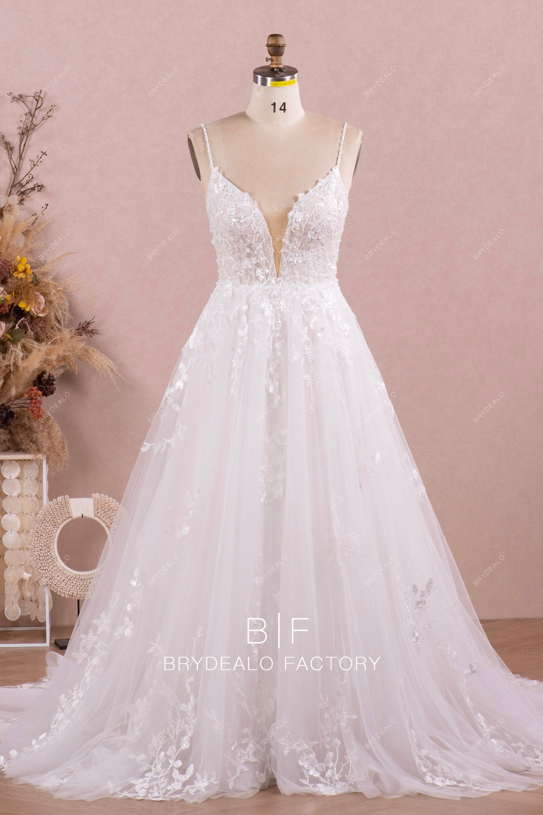 beaded straps plunging flower lace Aline wedding dress