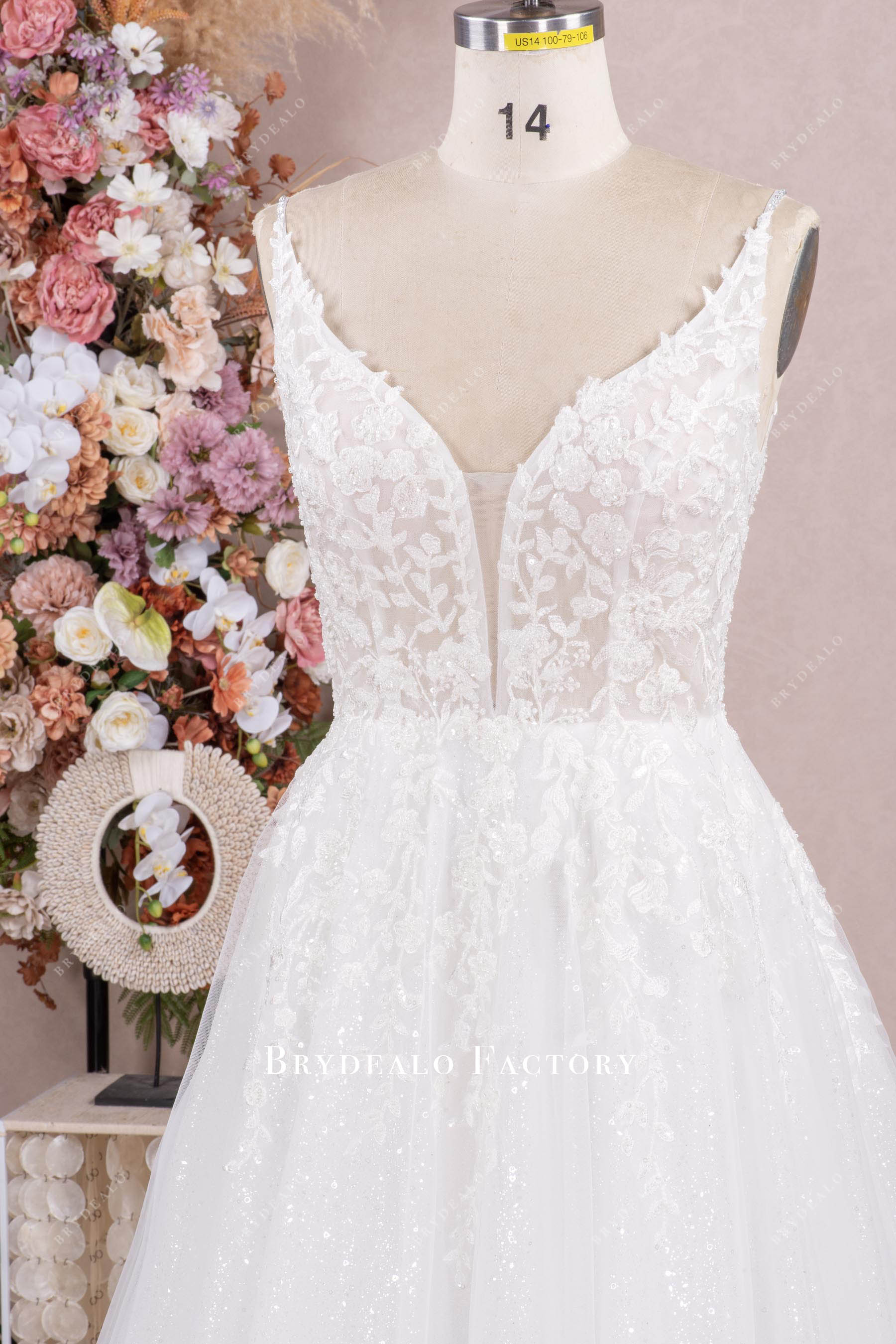 beaded straps plunging wedding dress