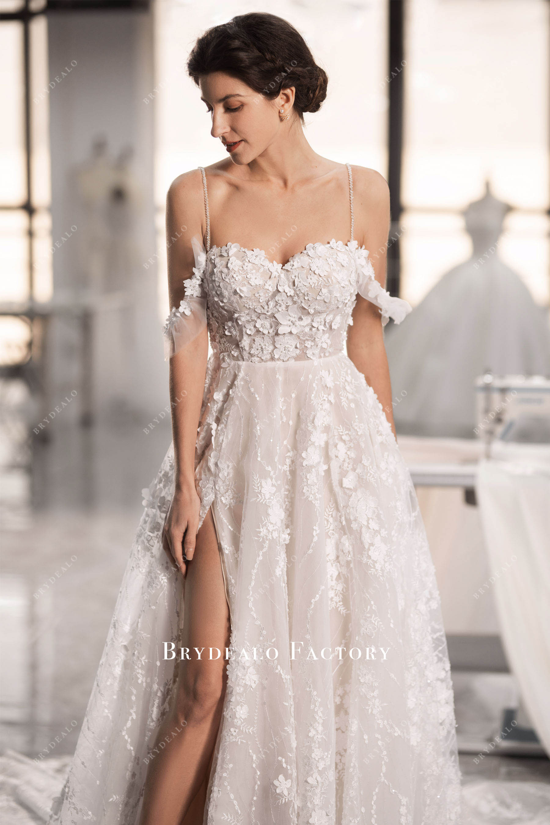 beaded straps sweetheart neck wedding gown