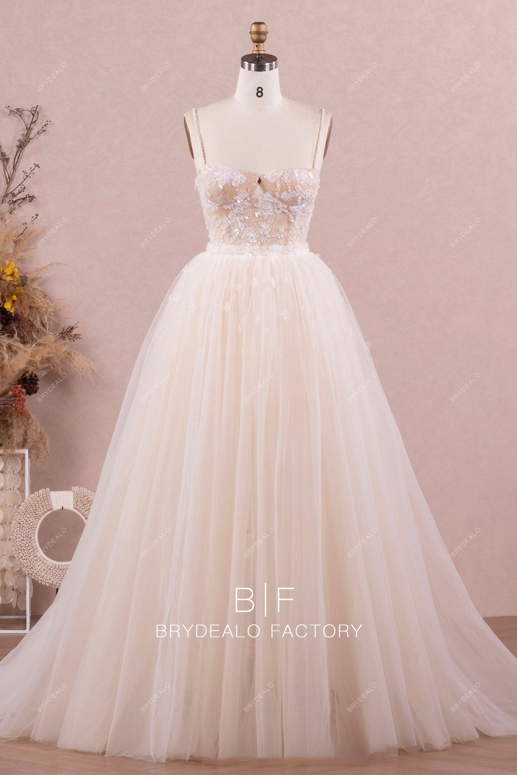 beaded straps sweetheart wedding dress with detachable overskirt