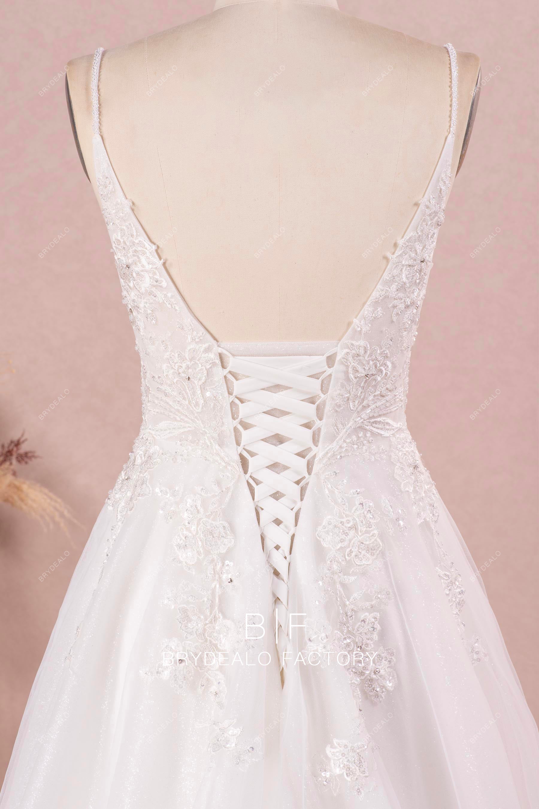 beaded thin straps lace up wedding dress