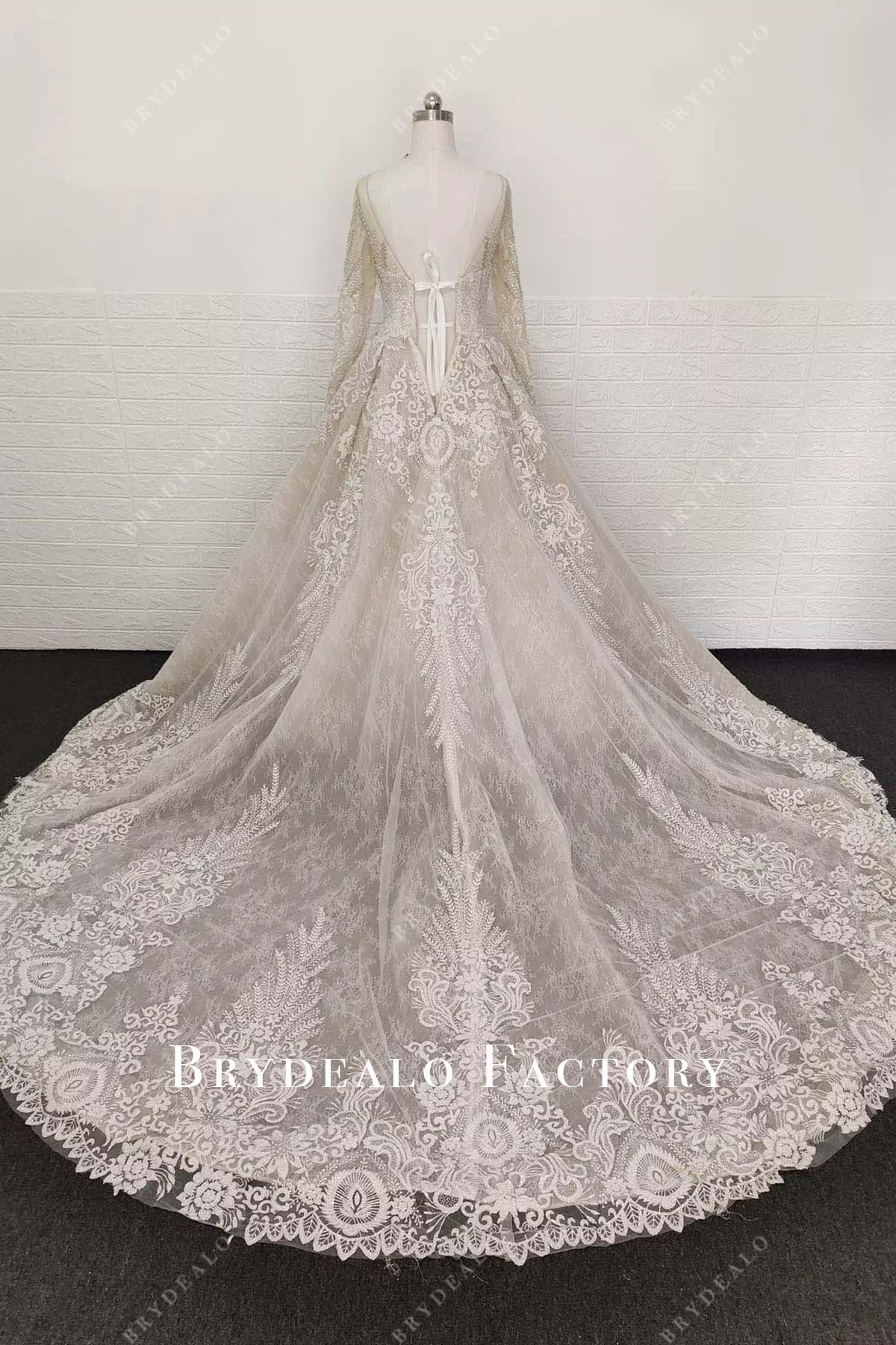 beige lace chapel train wedding dress