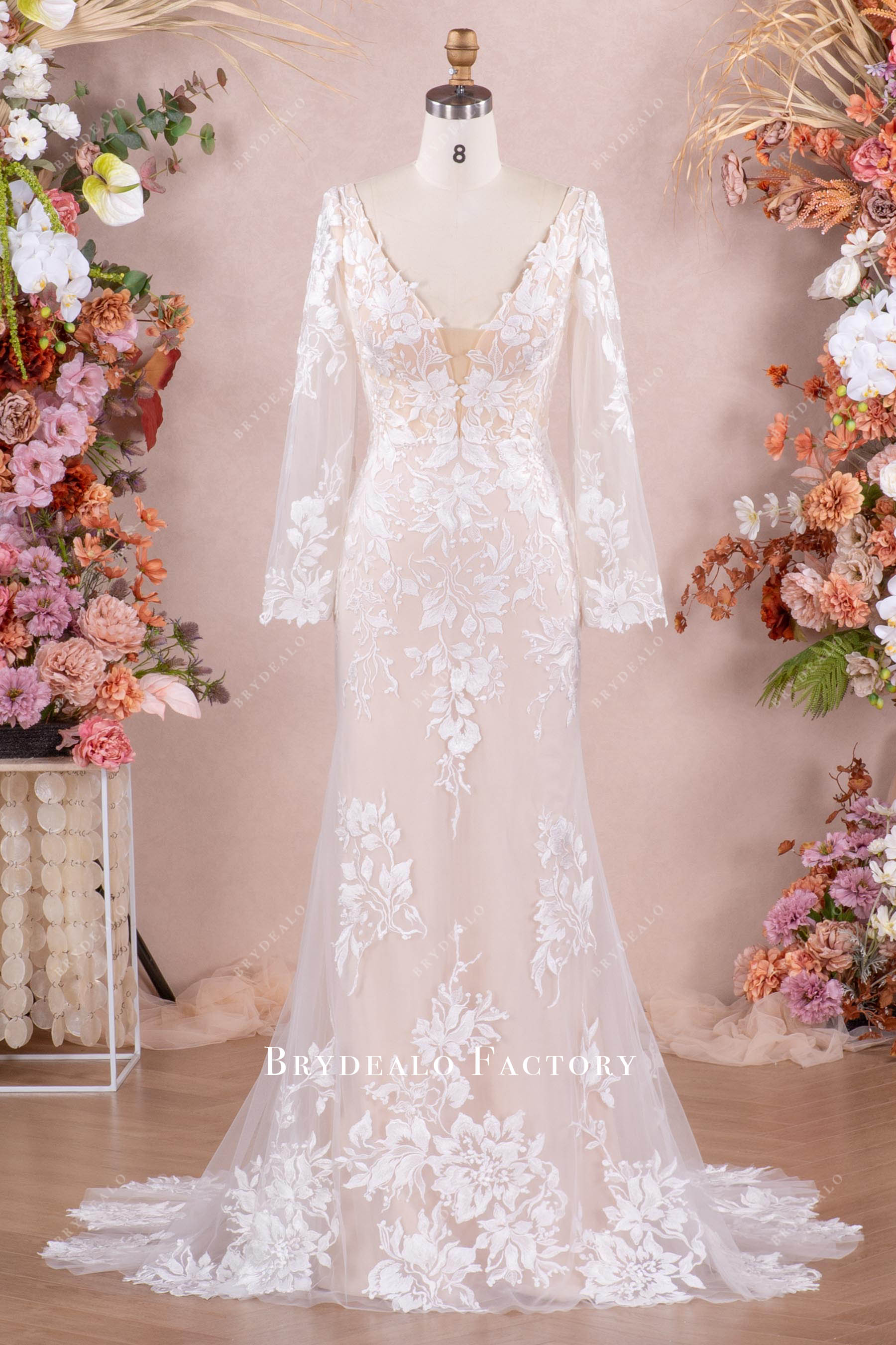 bell sleeve mermaid lace wedding dress