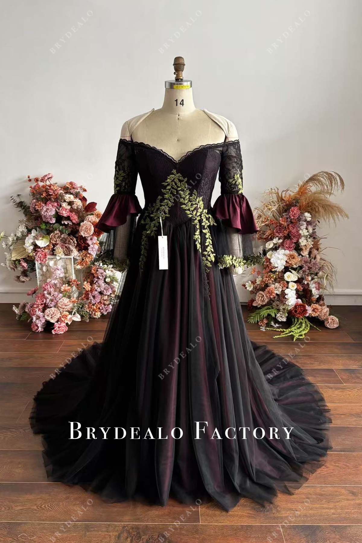 black overlay cabernet off shoulder tailored wedding dress