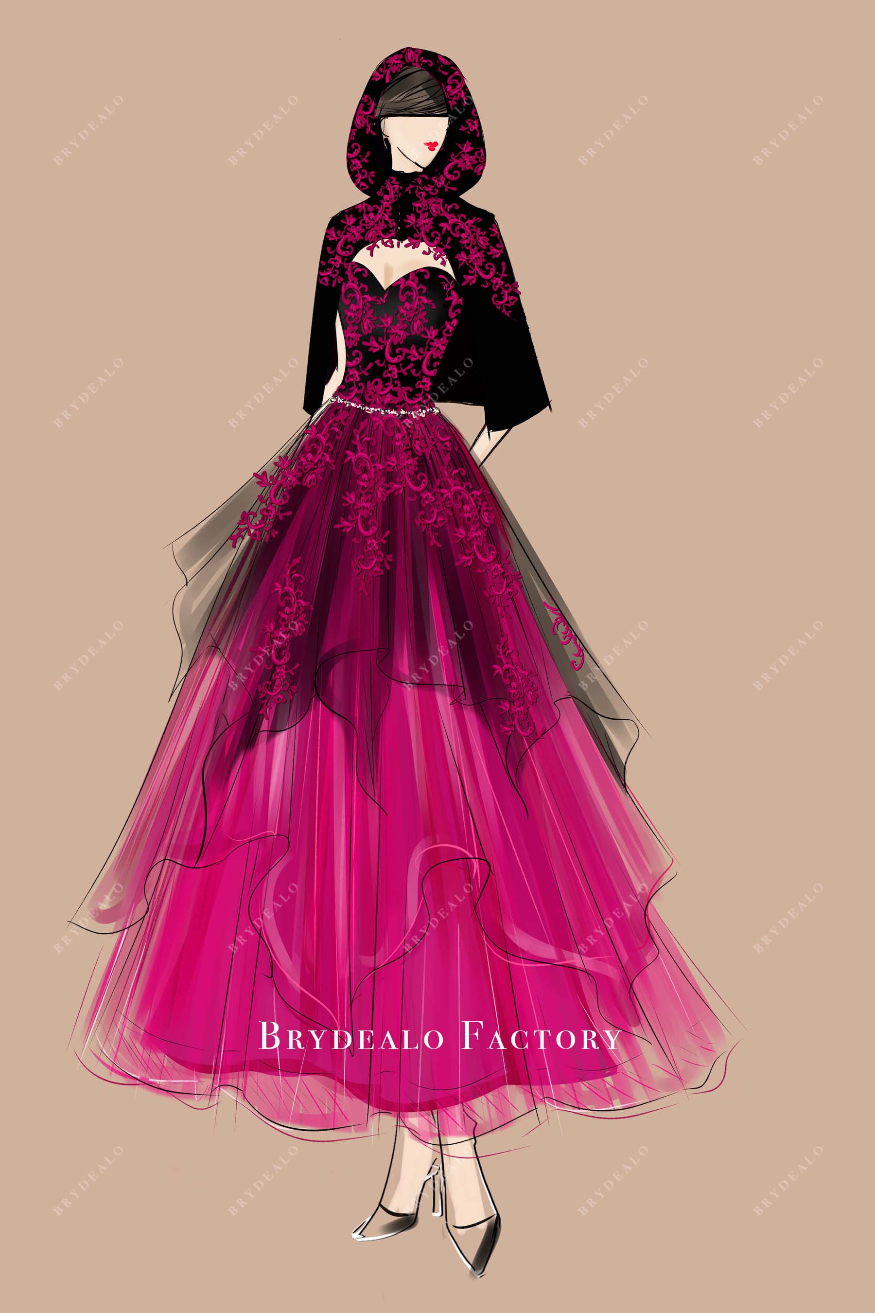 Private Label Fuchsia Lace Black Satin Cloak Dress