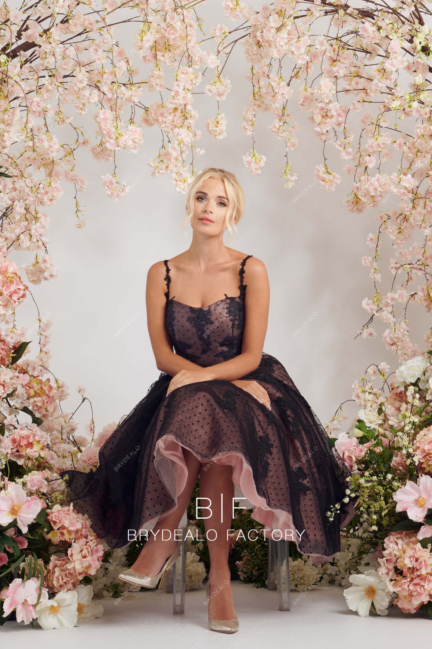 black dot tulle overlaid blush bridal dress