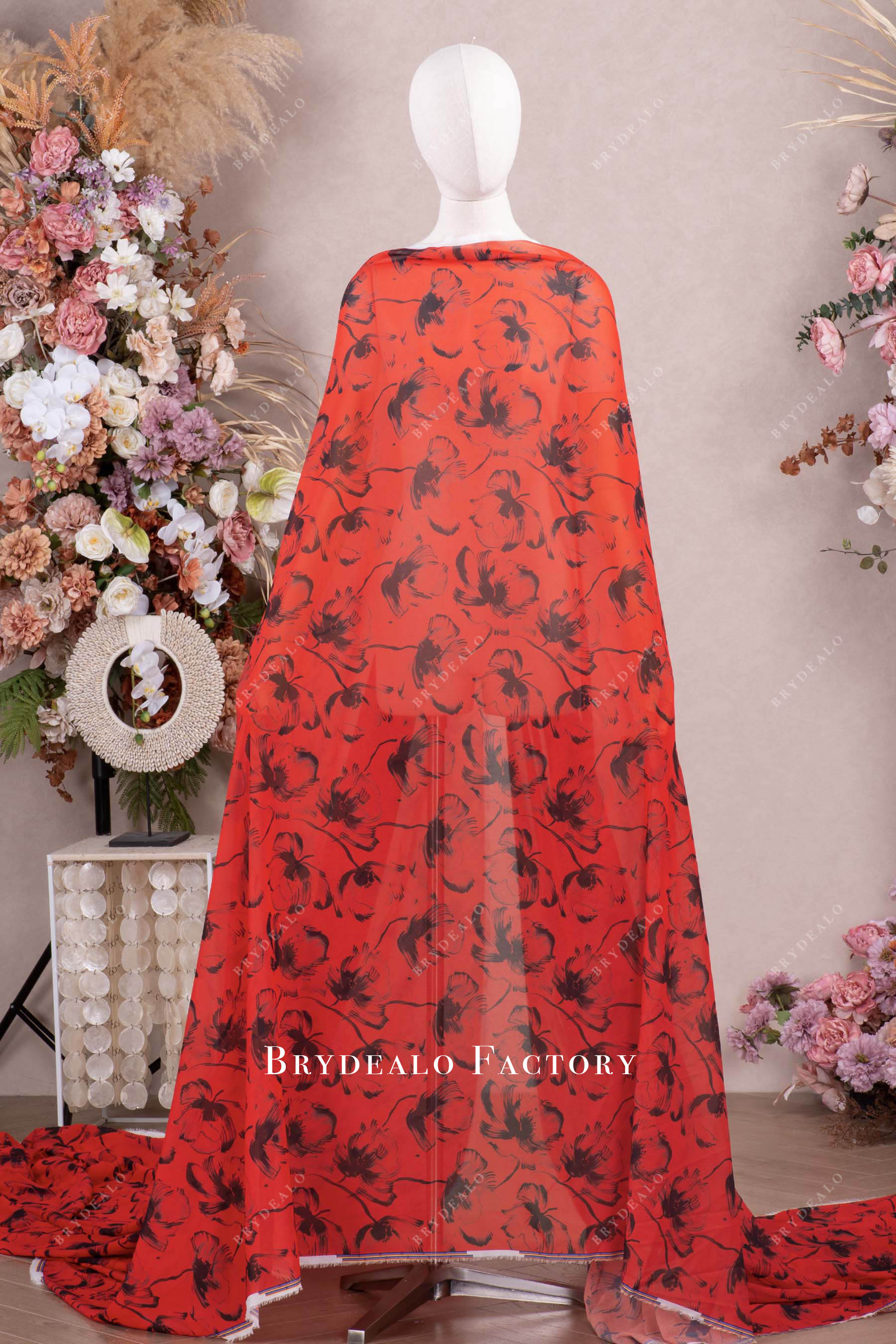 black flower red chiffon fabric