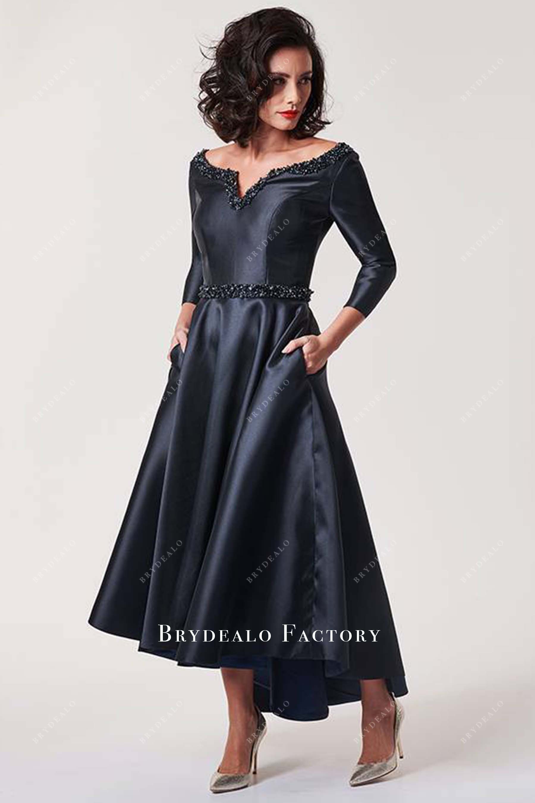 black high to low mother of bride dress