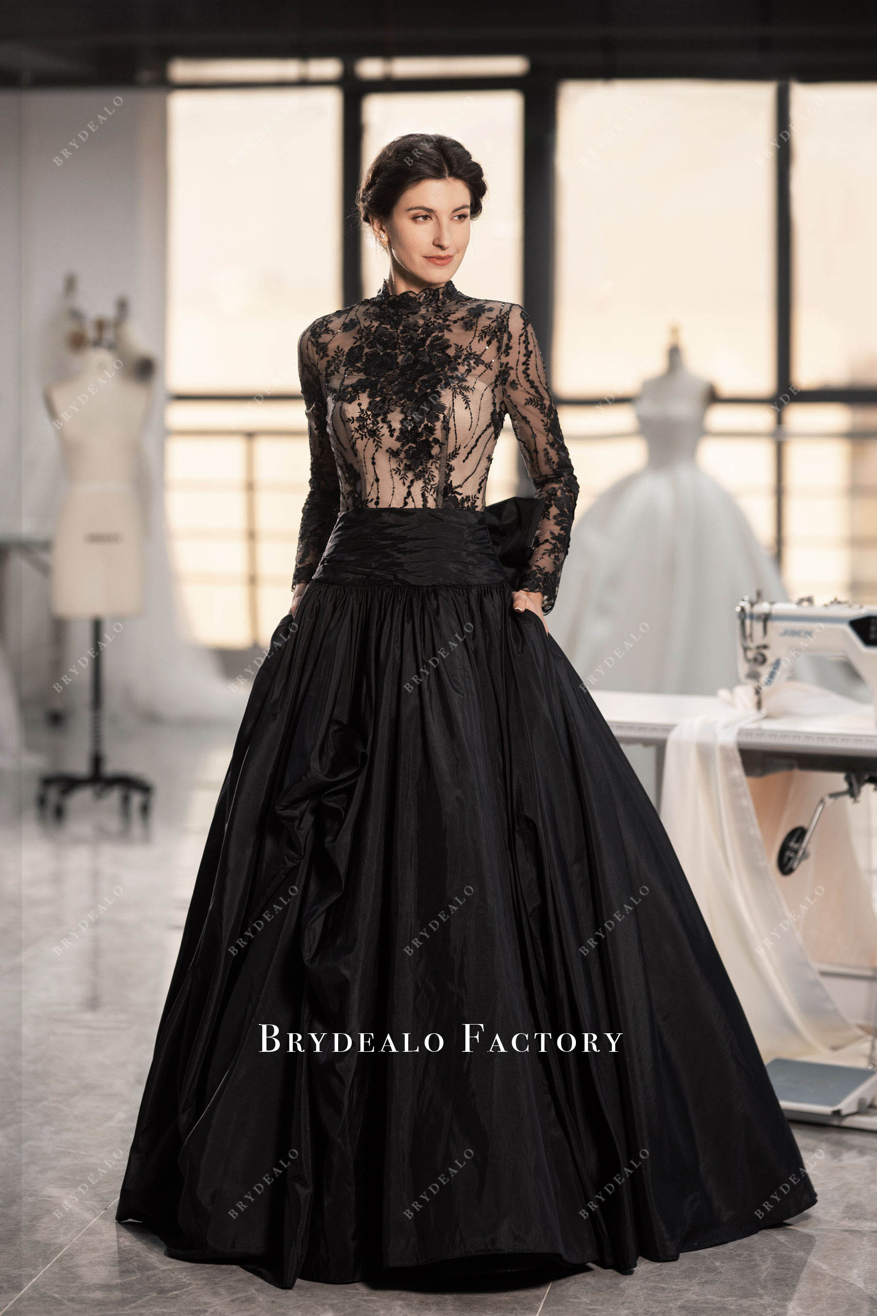 black lace Aline pocket wedding dress