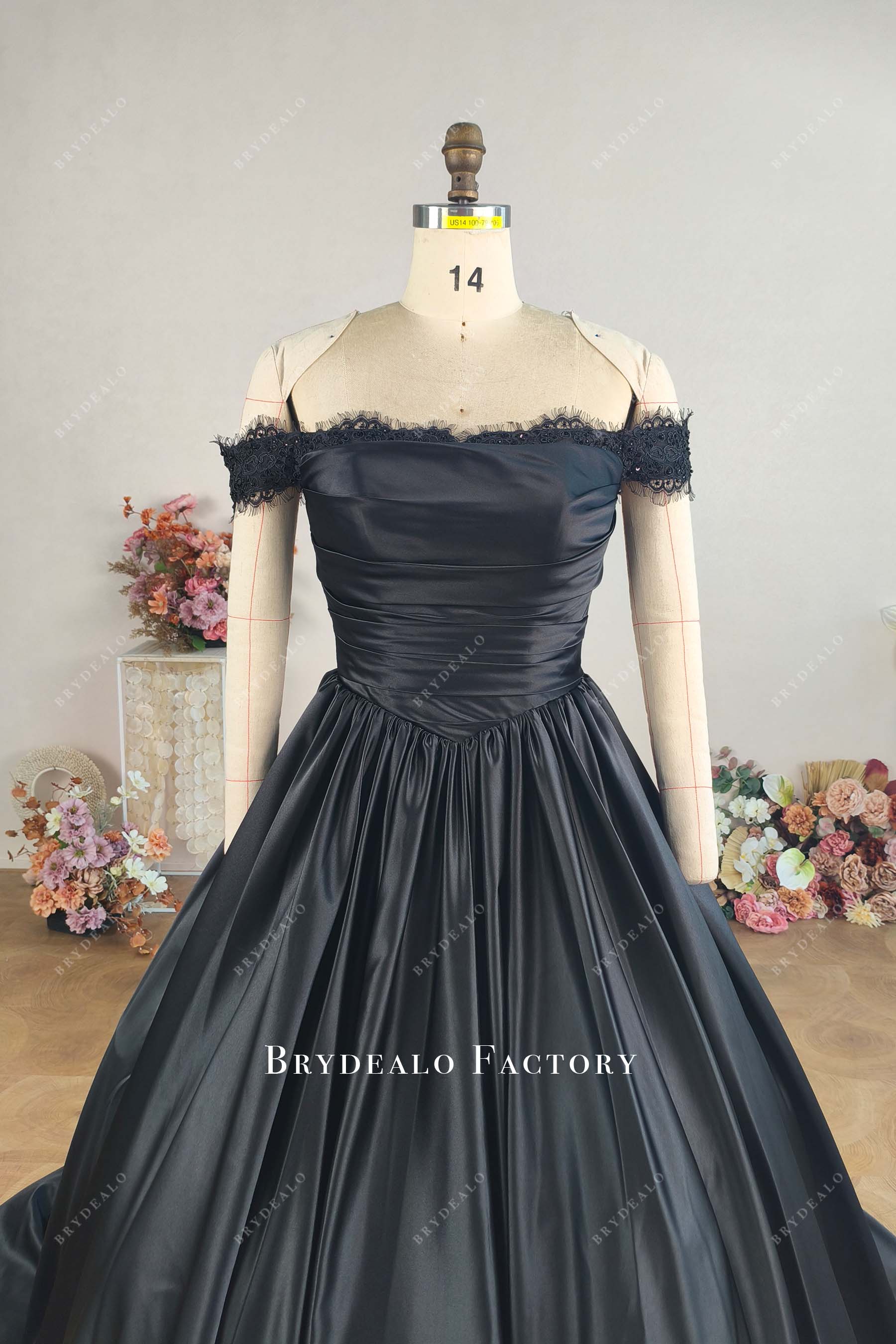 black lace off shoulder wedding dress