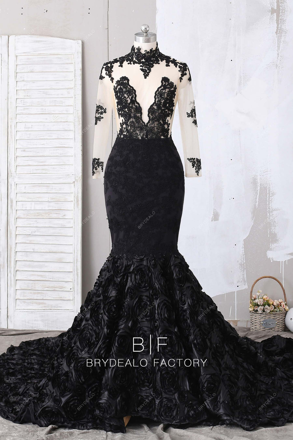 Black Lace 3D Rosette Mermaid Sheer Long Sleeves Prom Dress