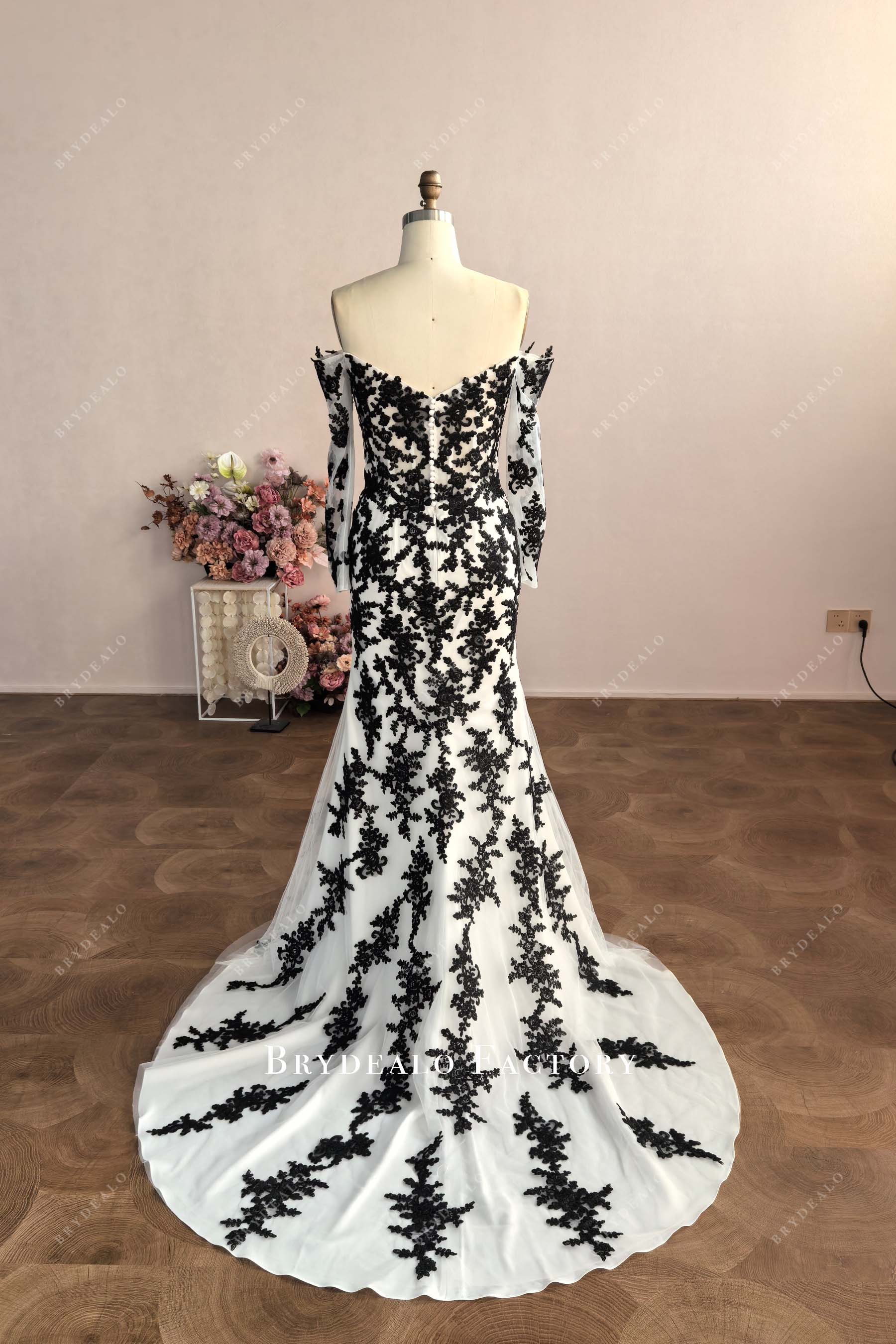 black lace white mermaid wedding dress