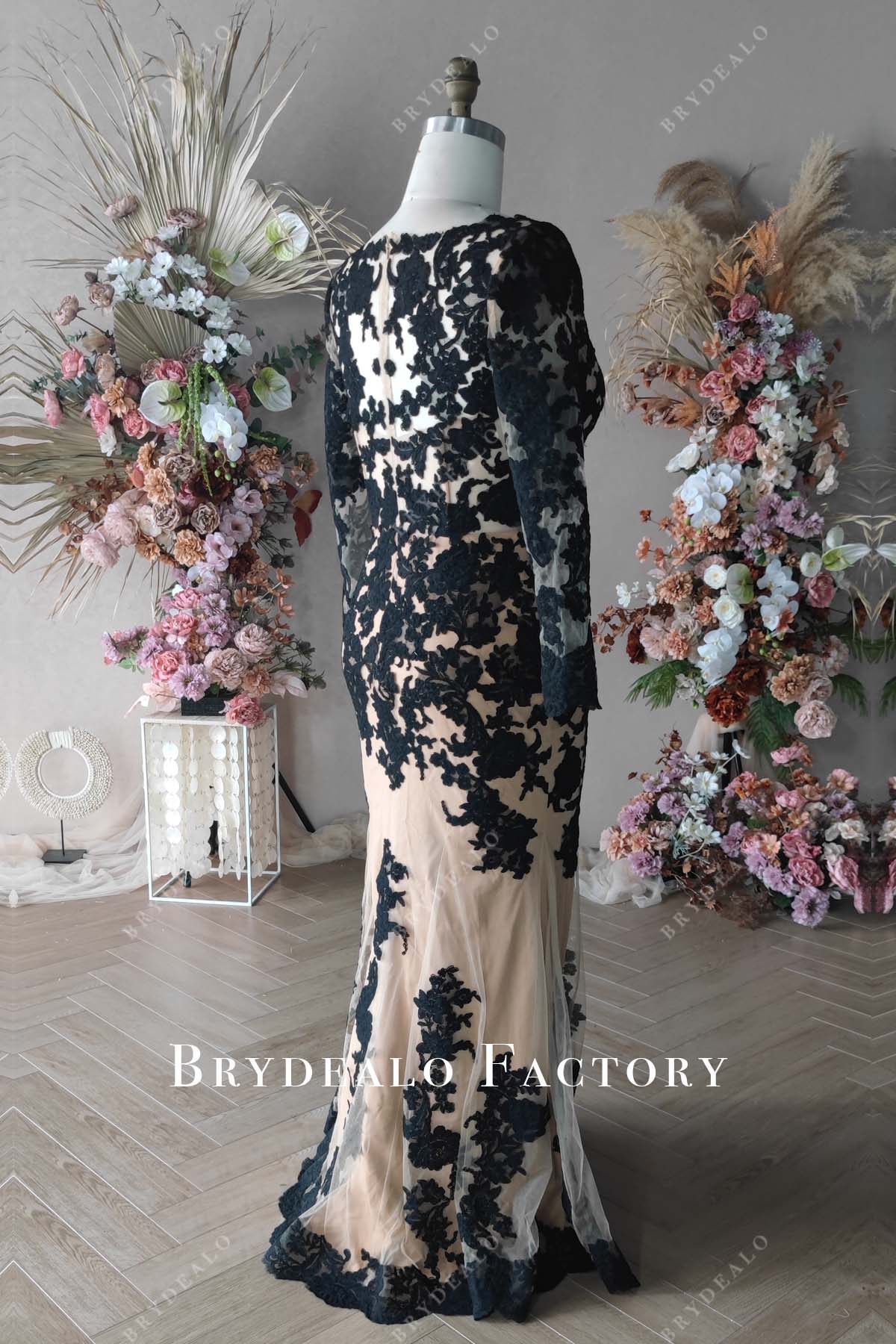 black lace nude mermaid formal gown