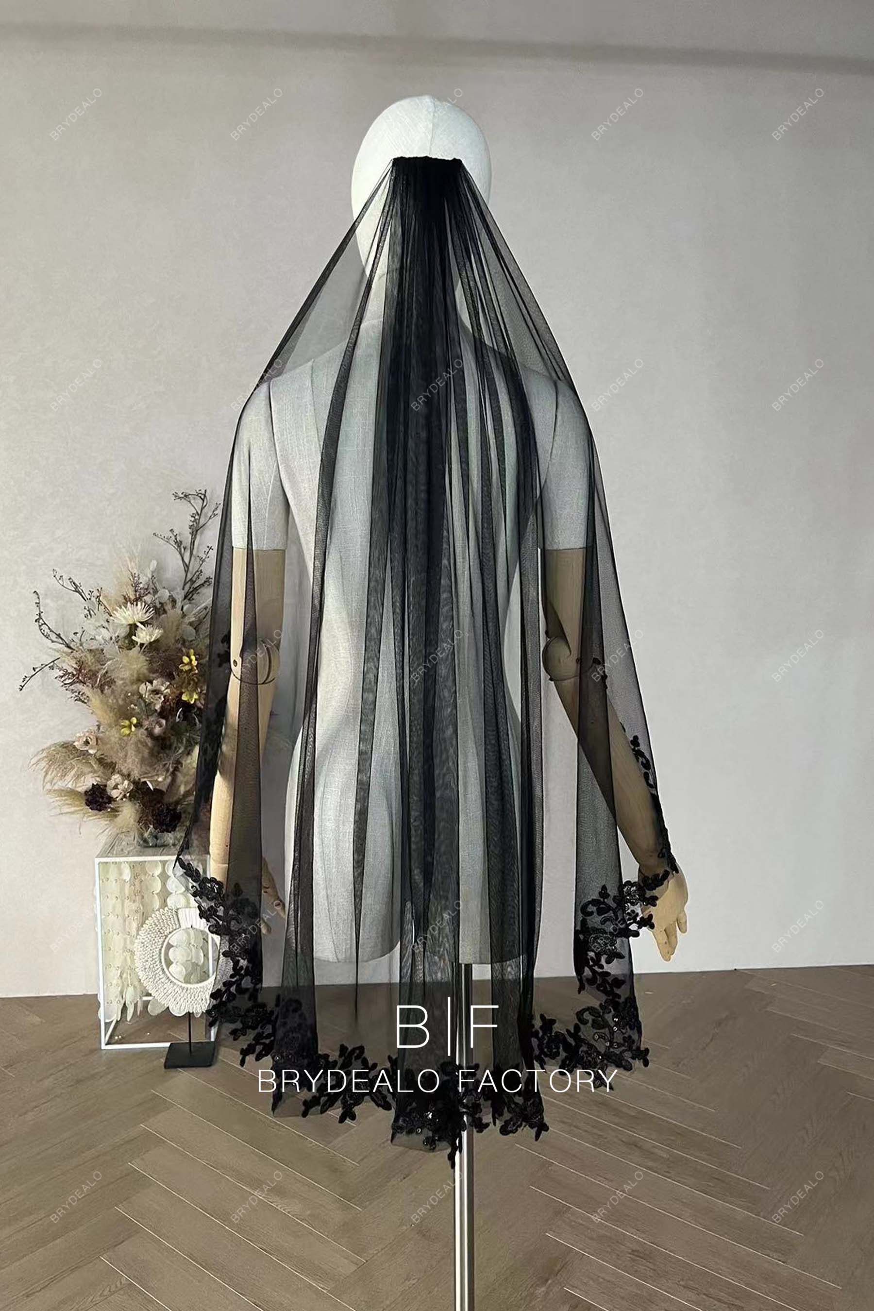 Private Label Black Sequin Tulle One Tier Bridal Veil BR20221221-05V