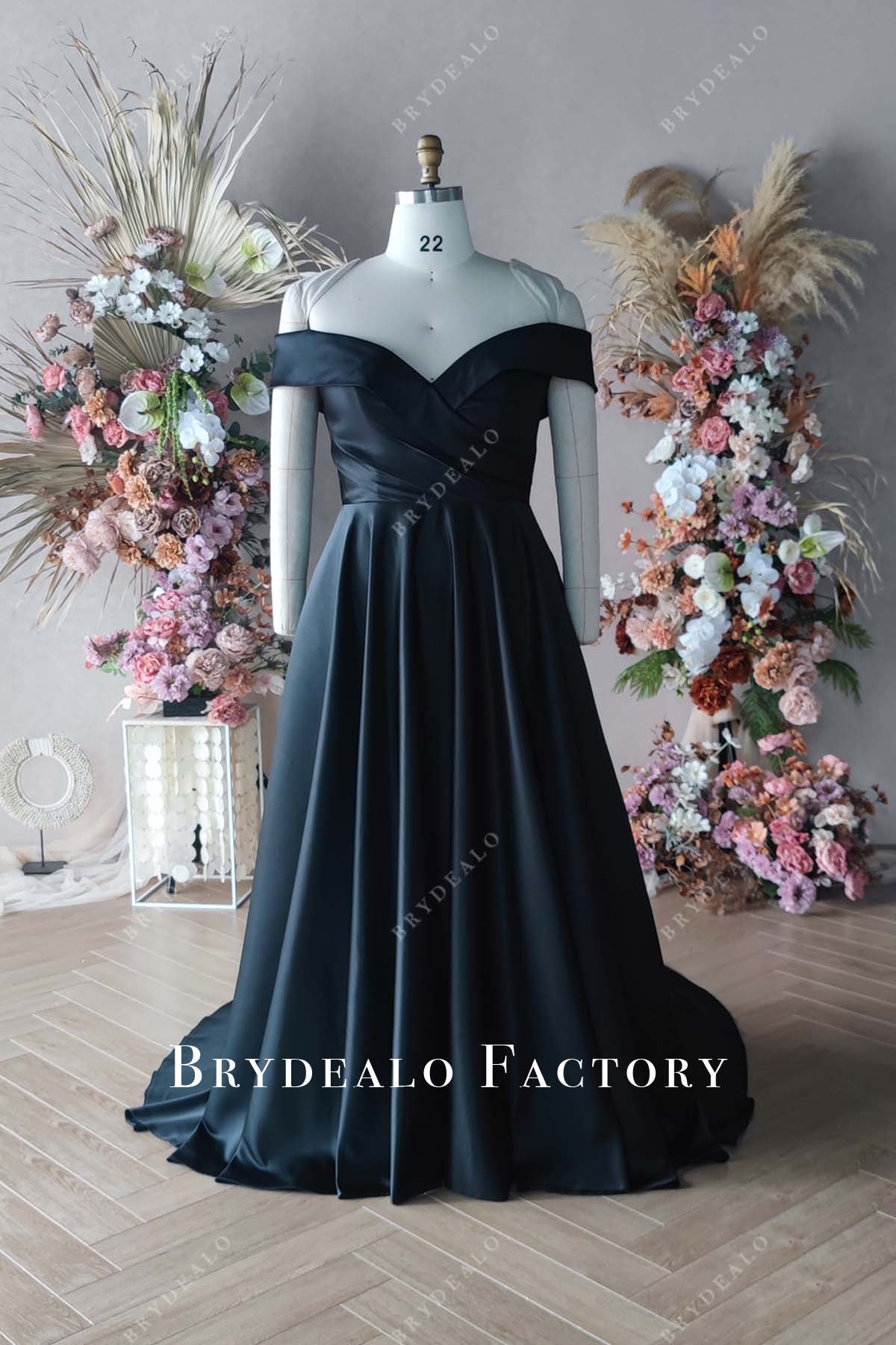 Custom Black Satin Off Shoulder Cover Wedding Dress