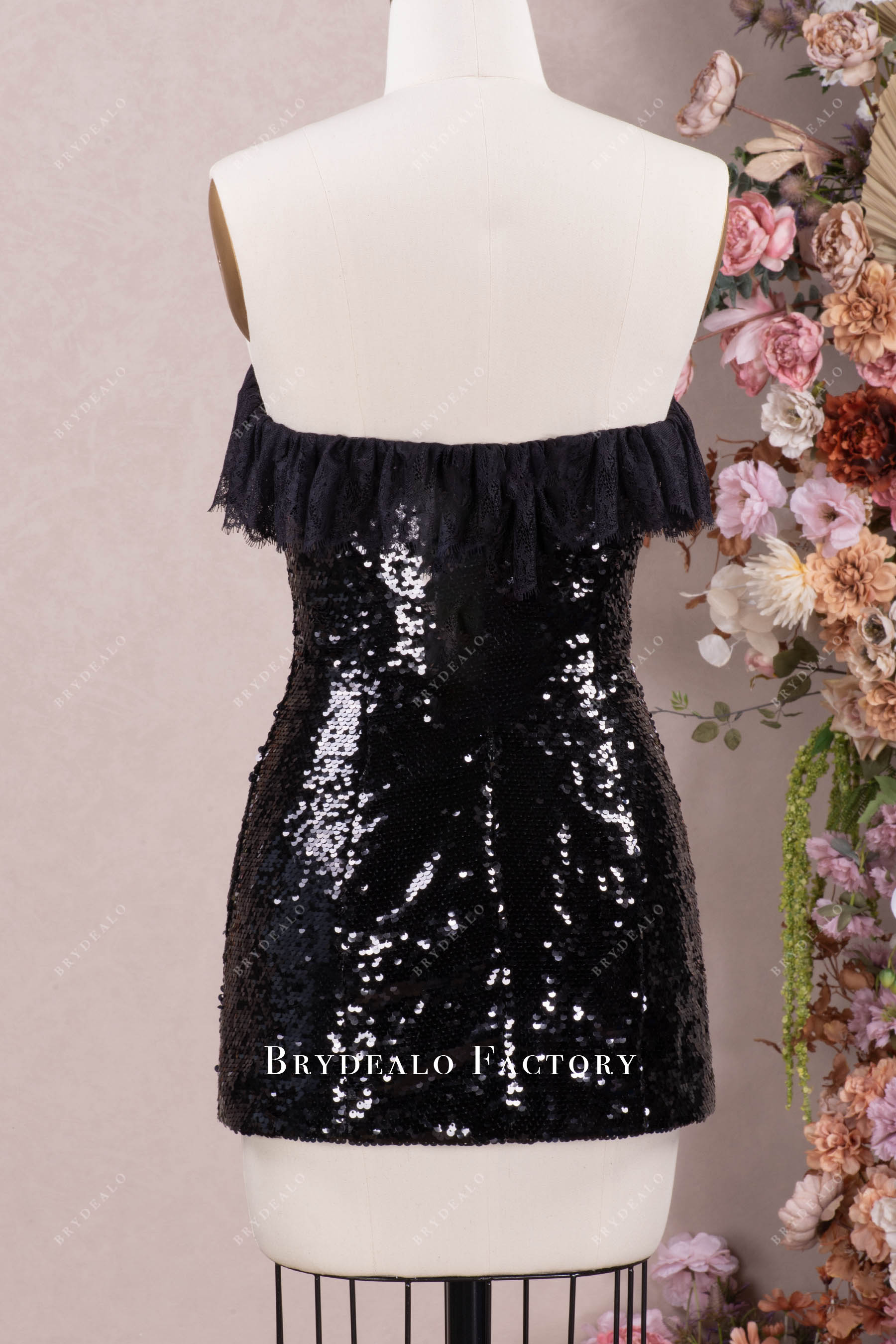 black ruffled lace neck evening dress