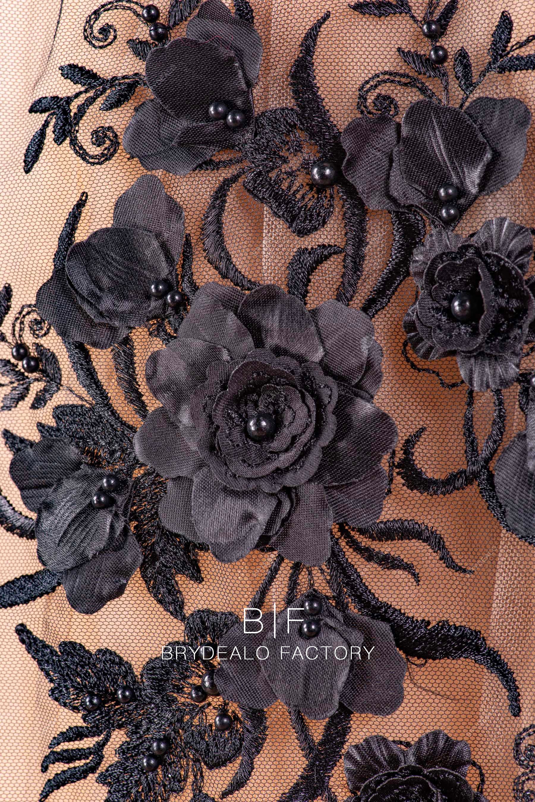 Black 3D Floral Embroidered Lace on a Black Netting, Black Lace Fabric 