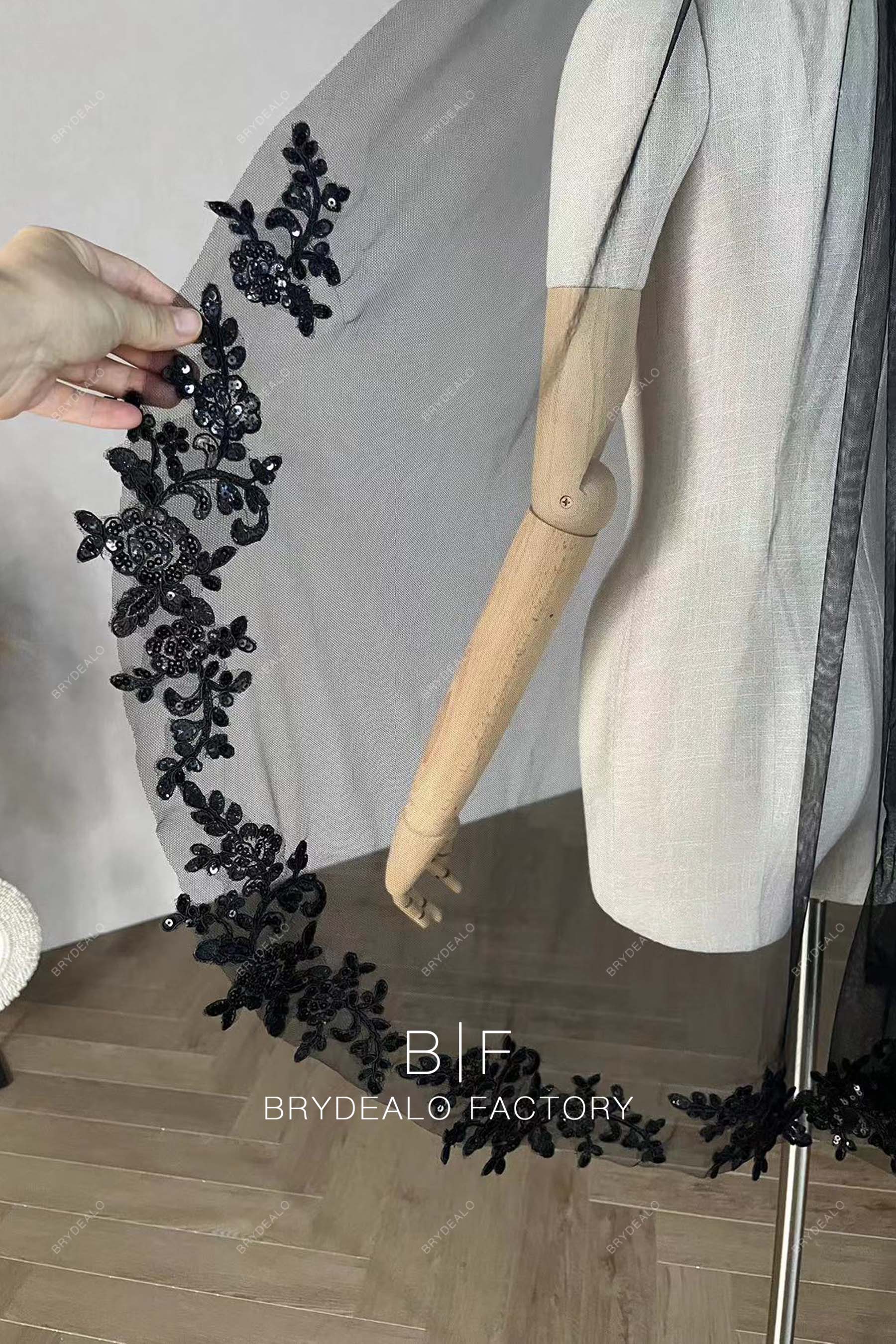 Private Label Black Sequin Tulle One Tier Bridal Veil BR20221221-05V