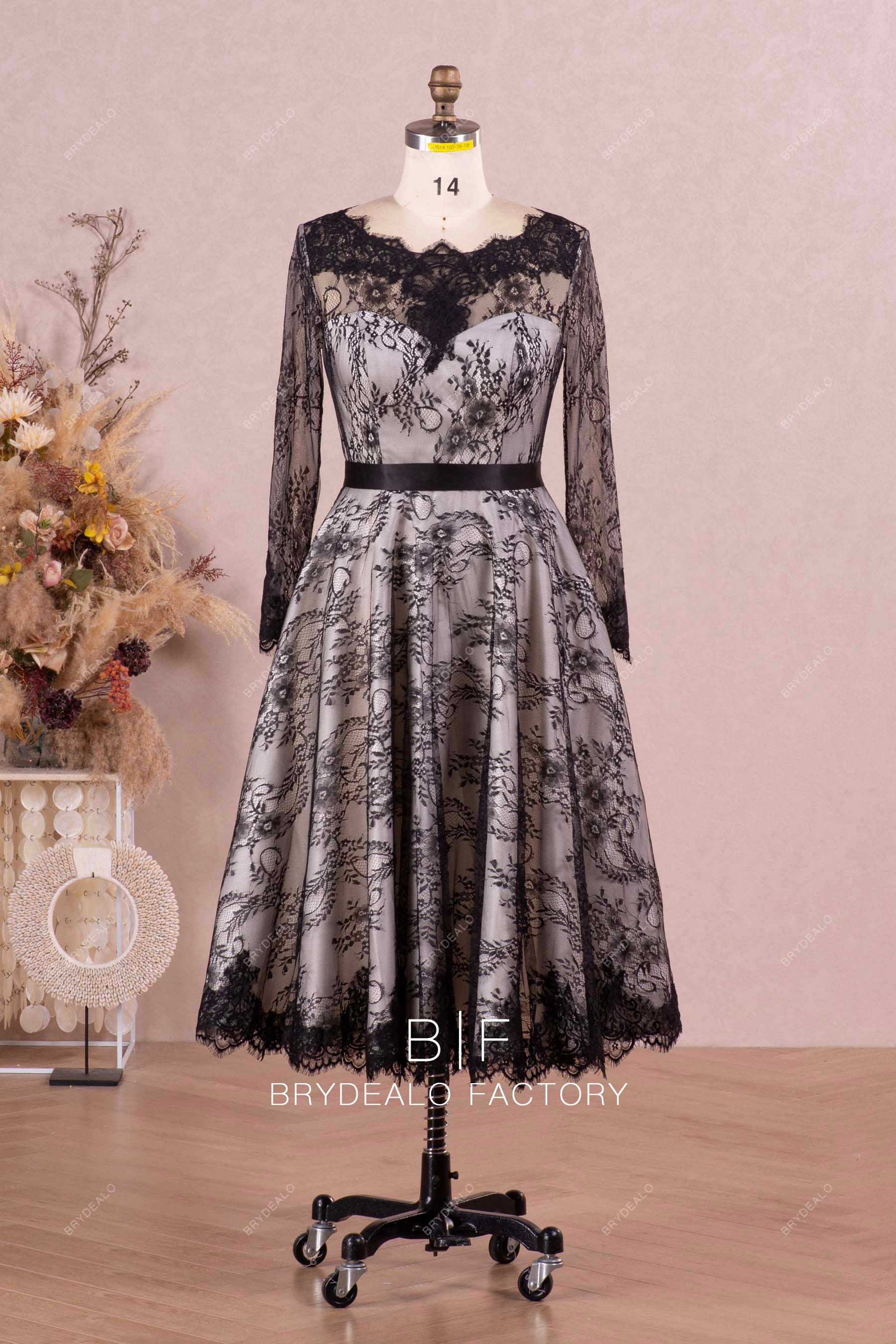 vintage black lace sheer sleeves bridal dress