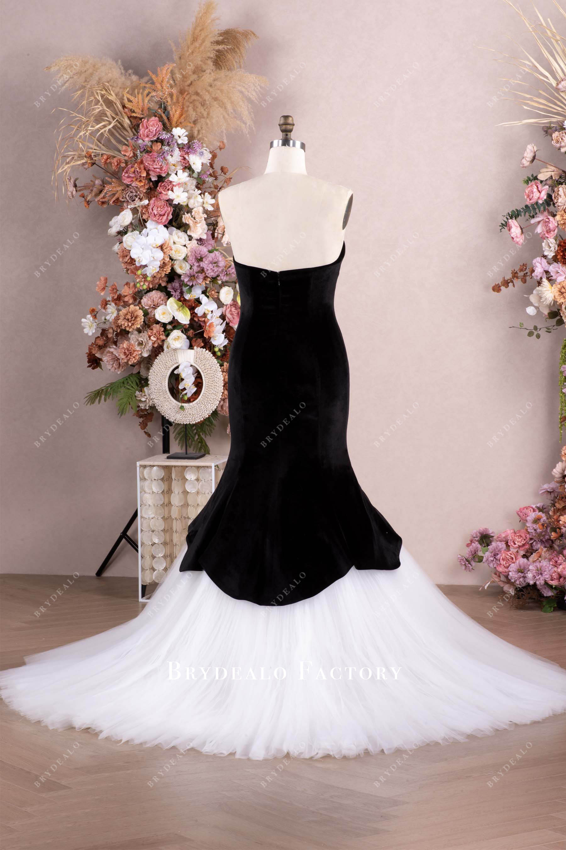 black strapless velvet pleated tulle long wedding dress