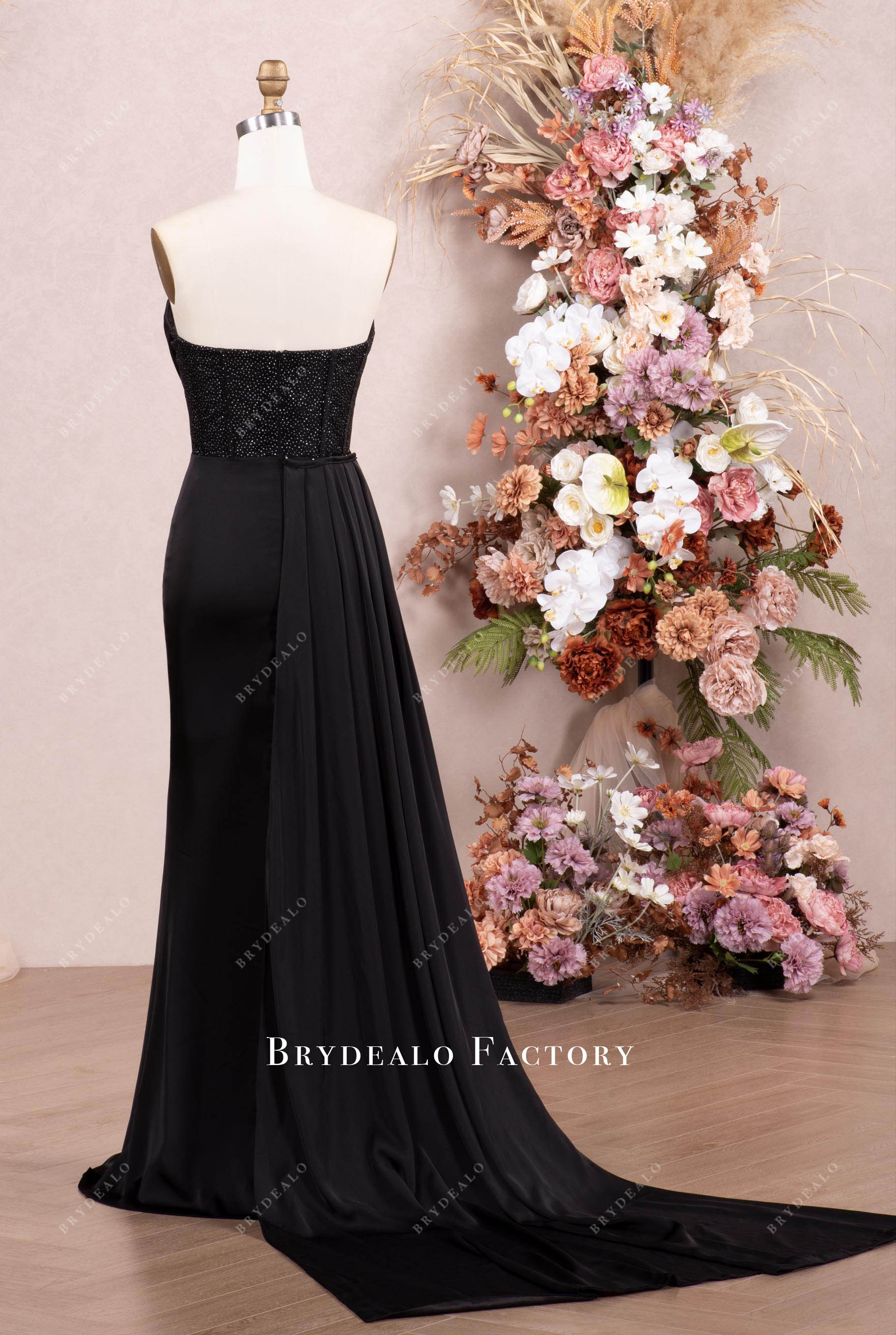 black sweep train panel evening dress