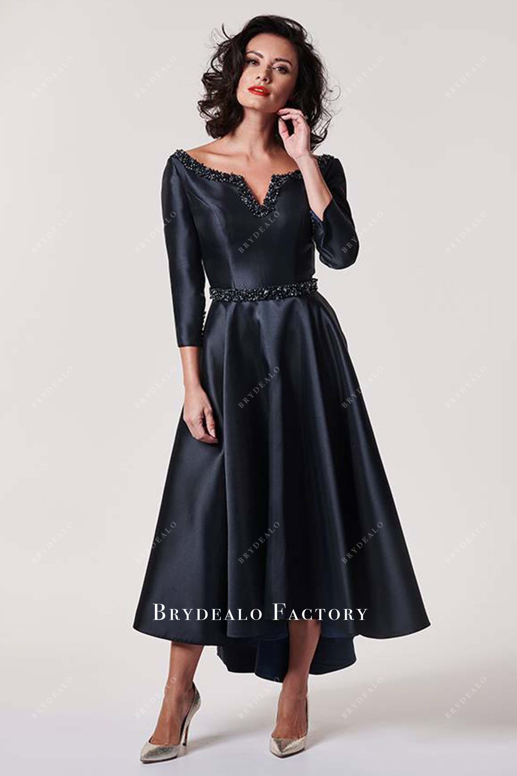 black v cut neck mother of bride dress