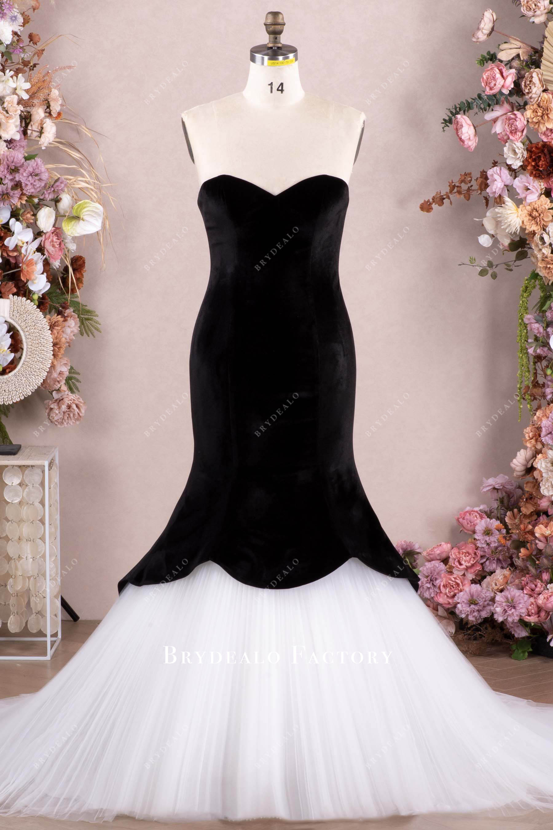 black velvet white tulle mermaid wedding dress