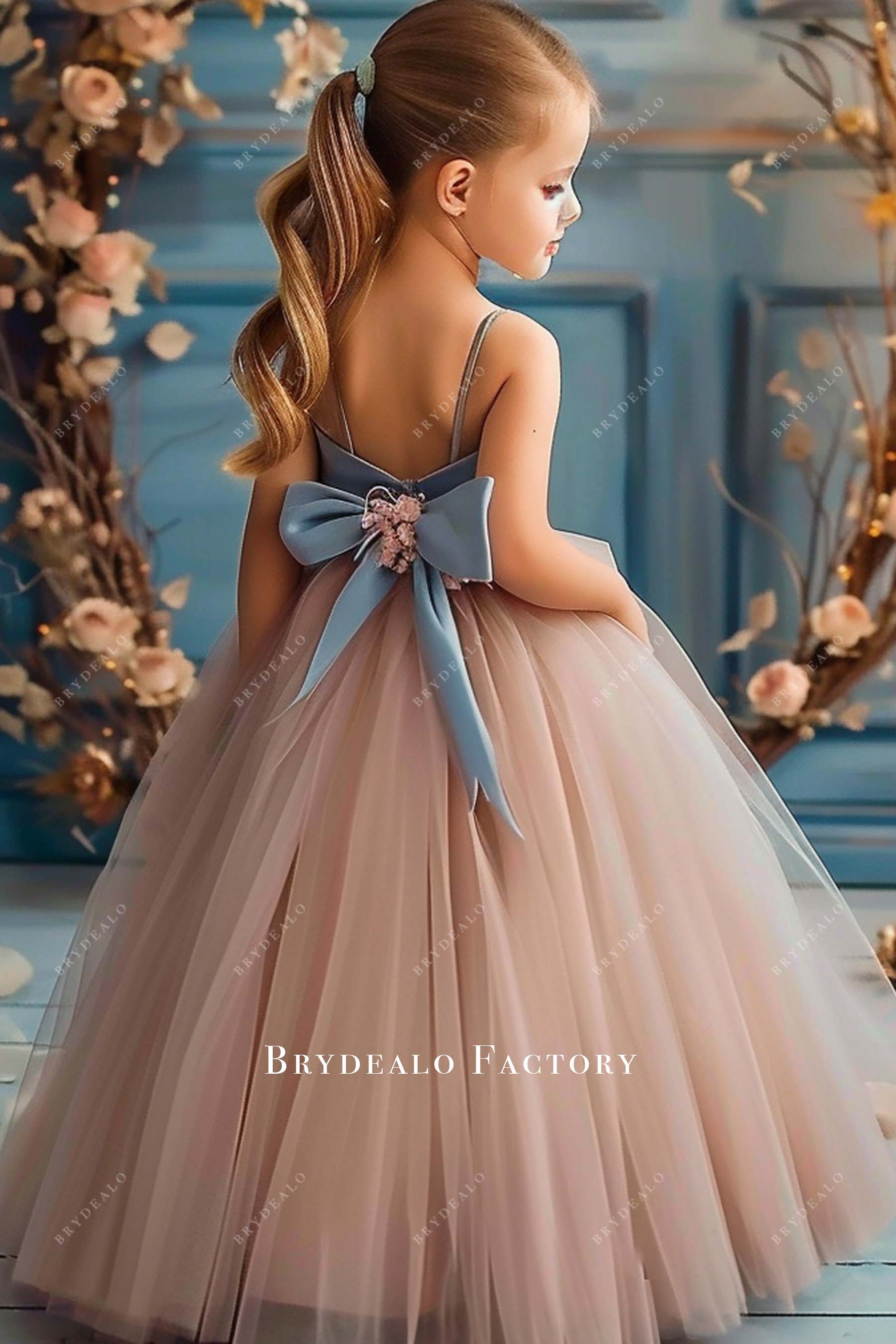 Dusty Blue Satin Bowknot Nude Pink Tulle Flower Girl Ball Gown