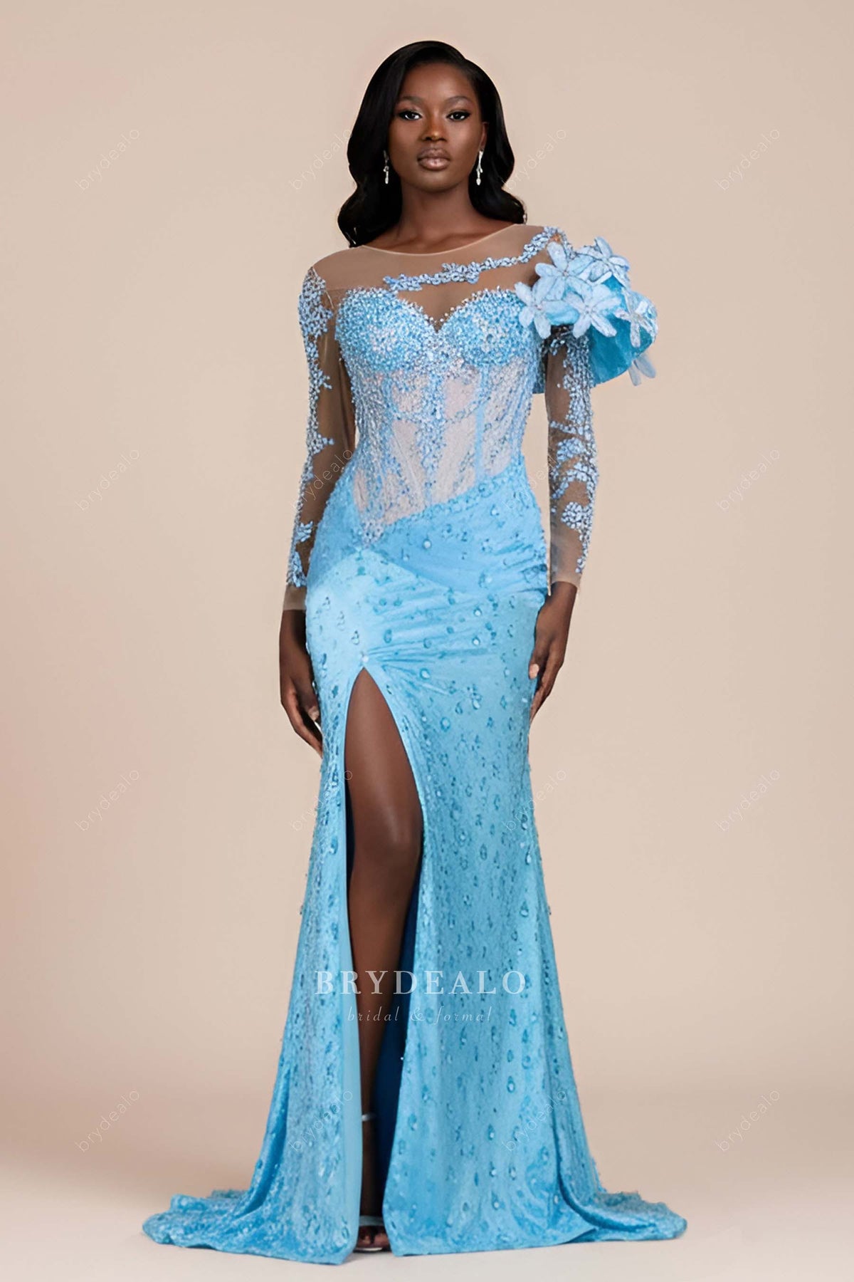 blue flower shoulder prom dress