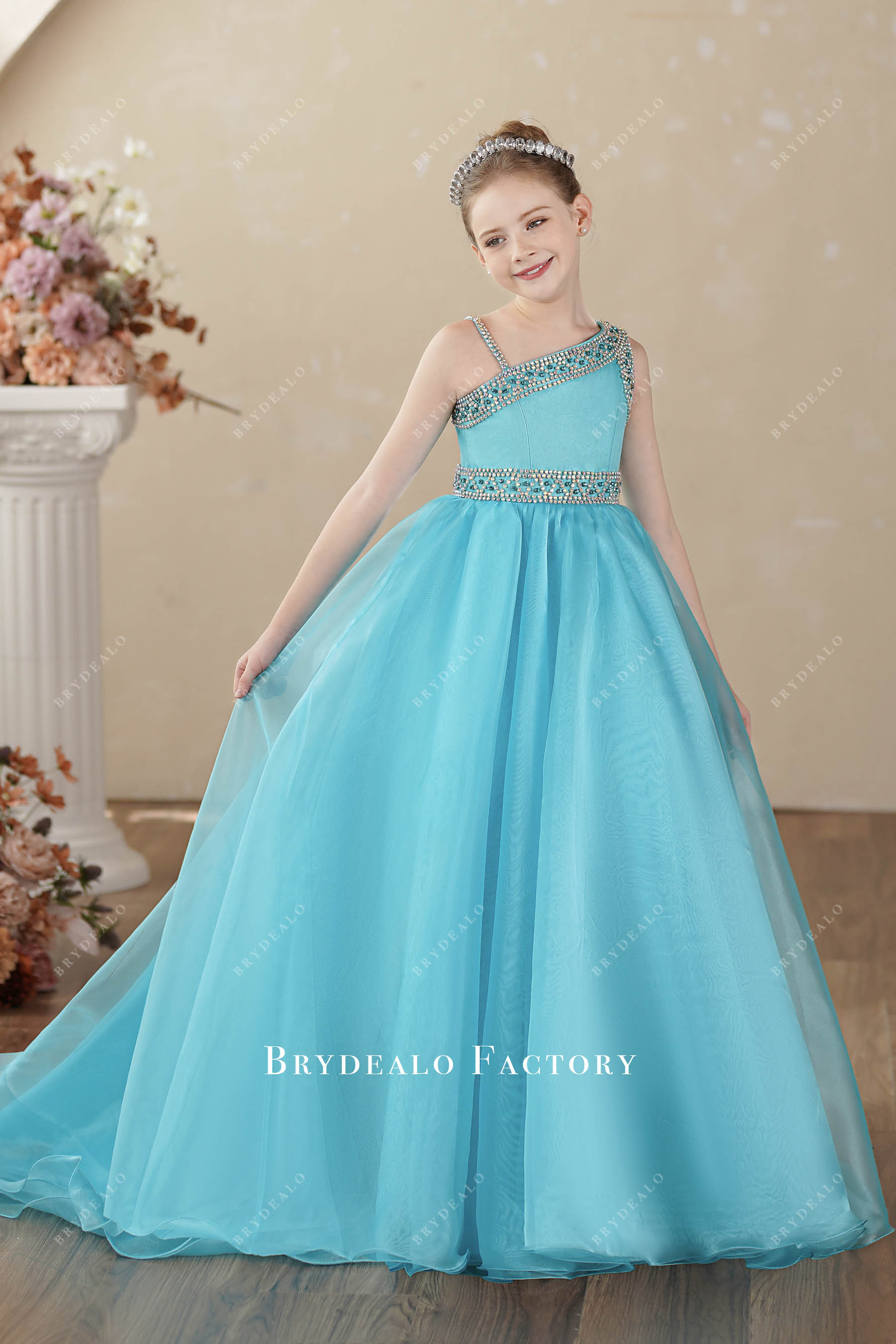 blue one shoulder organza junior pageant gown