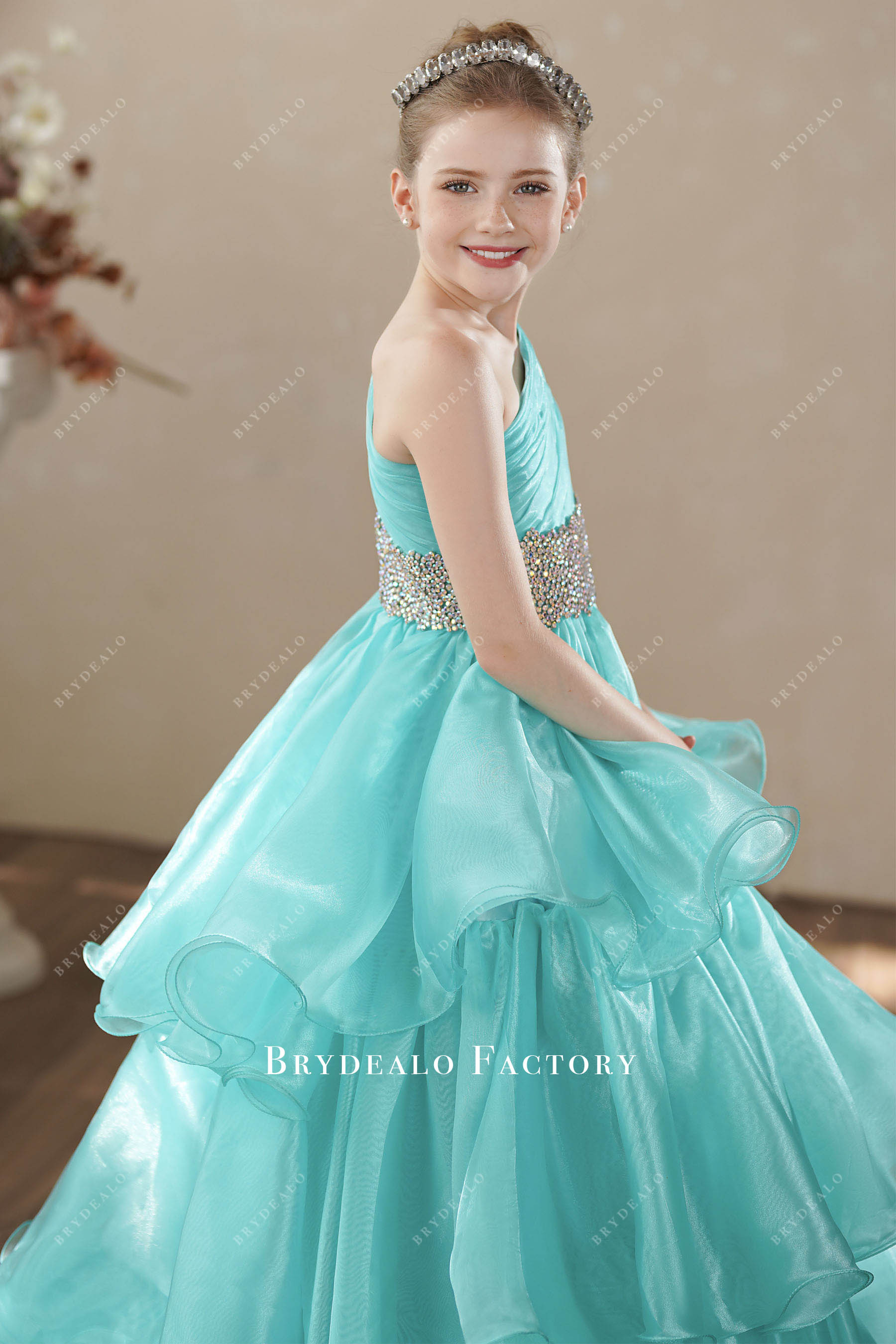 blue one shoulder pleated kids birthday gown