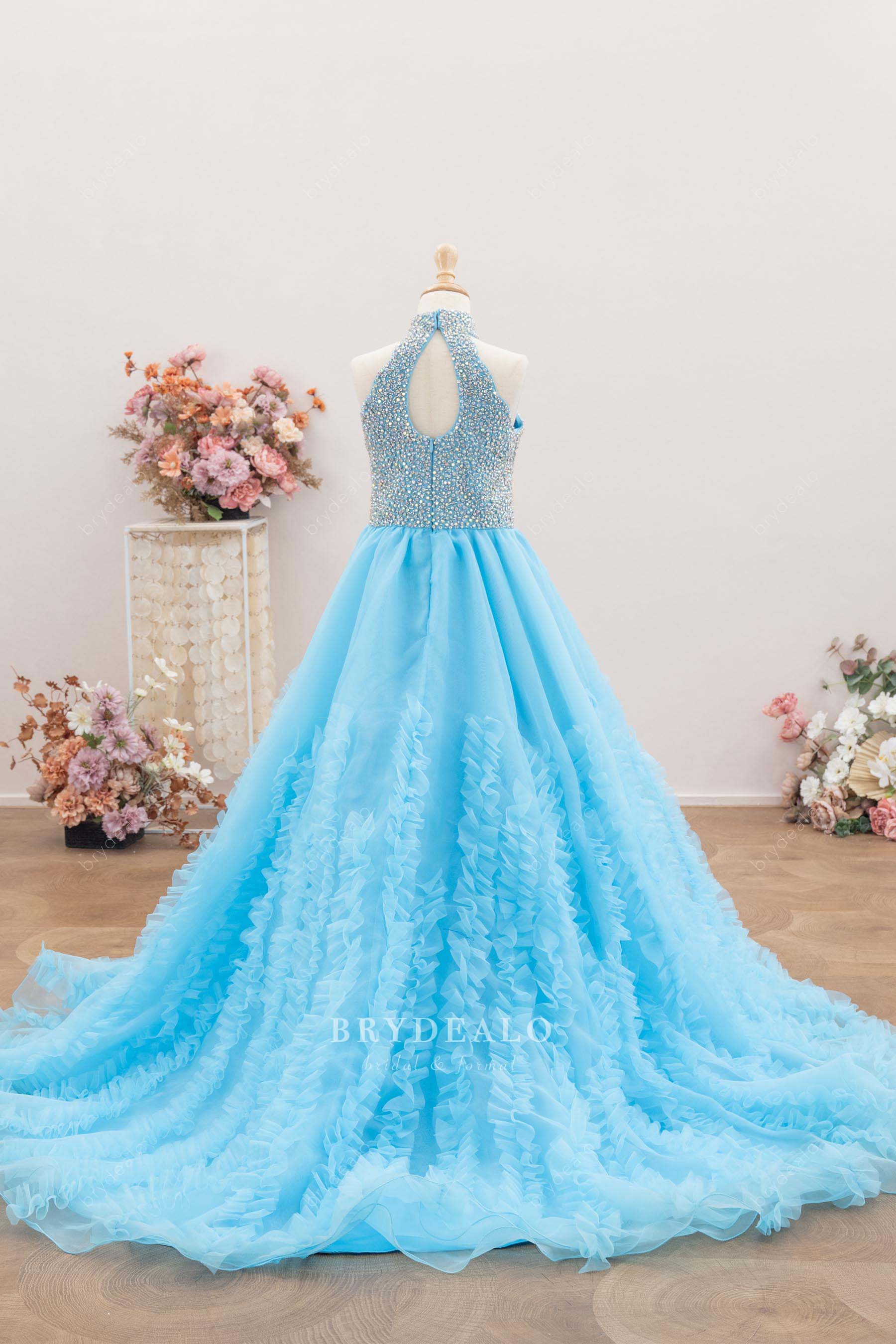 Sky Blue Rhinestone Organza Ruffled Little Girl Pageant Dress