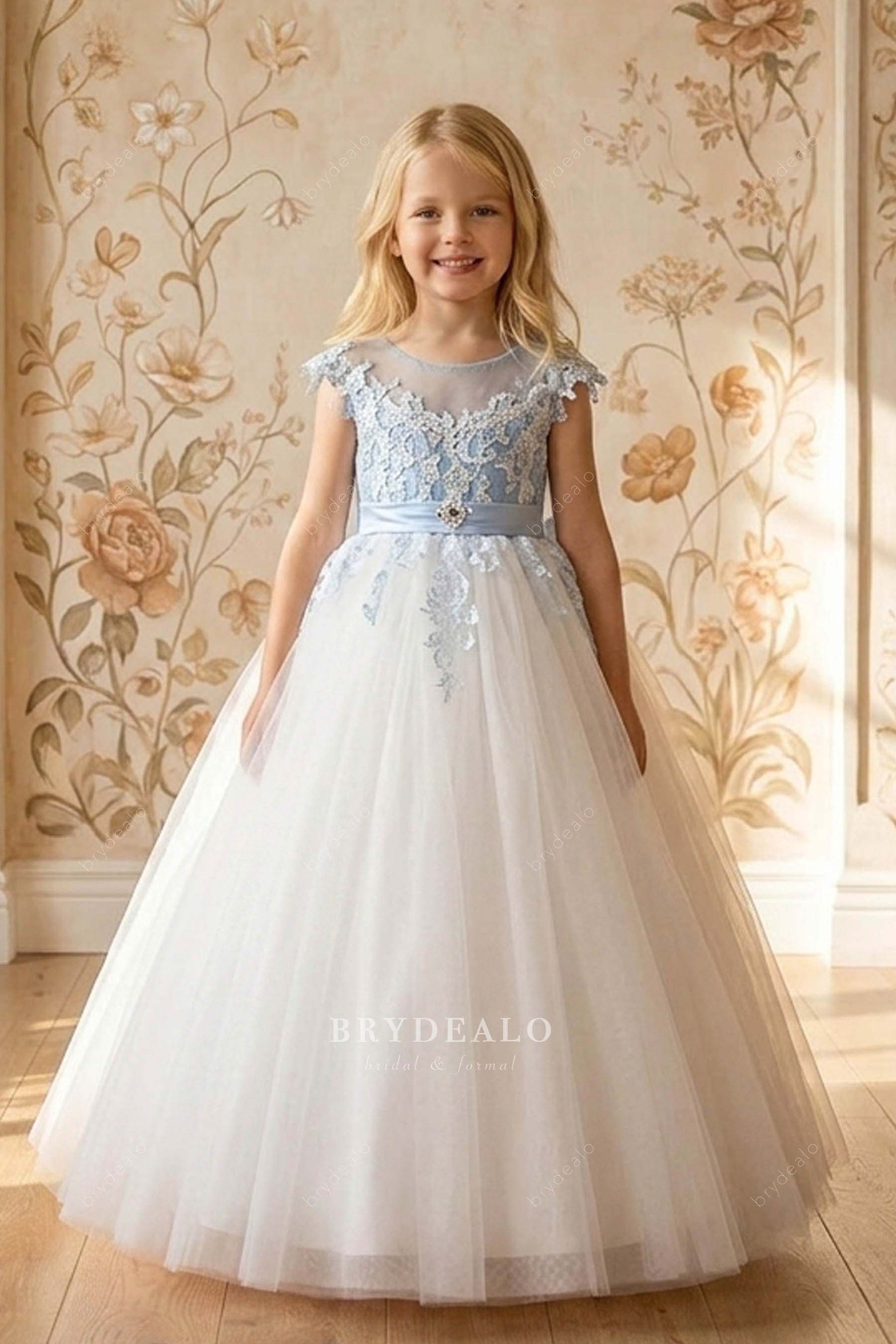 blue white flower girl dress